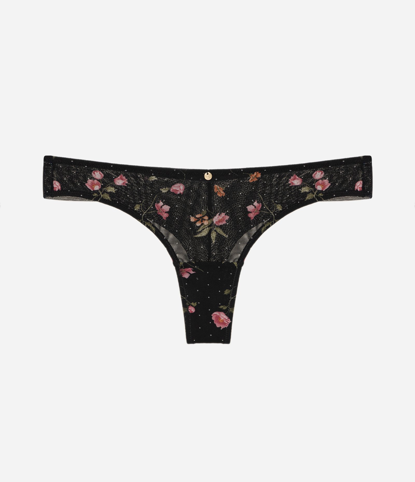 Calcinha Biquíni Fio Duplo em Tule com Estampa Floral Preto 5