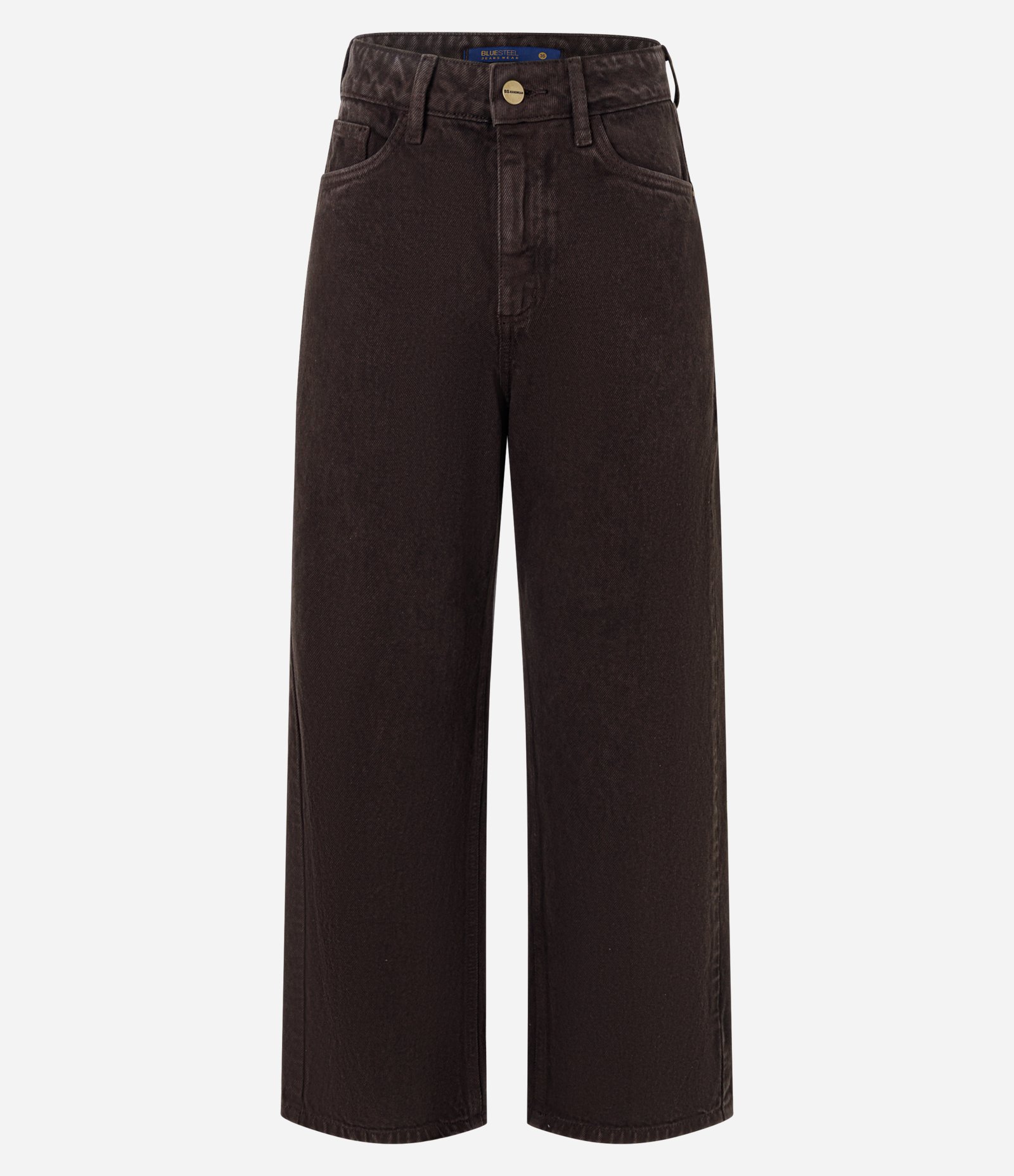 Calça Reta Cropped em Sarja com Bolsos Marrom 1