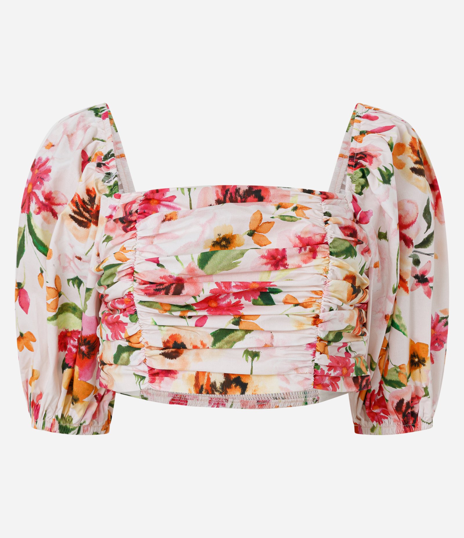 Blusa Cropped em Tricoline com Estampa Floral e Decote Quadrado Rosa 5