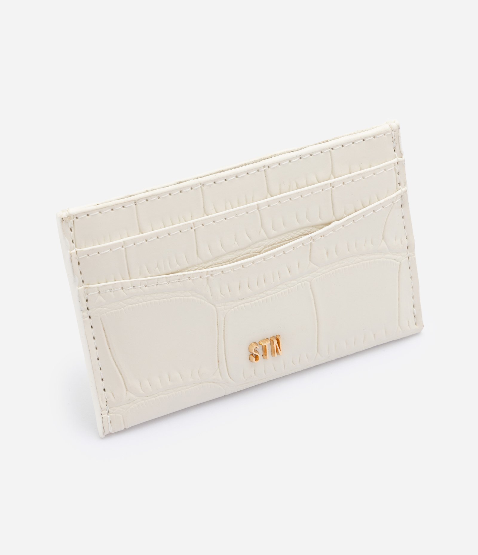 Carteira Pequena em PU Porta Cartões com Textura Croco Off White 1