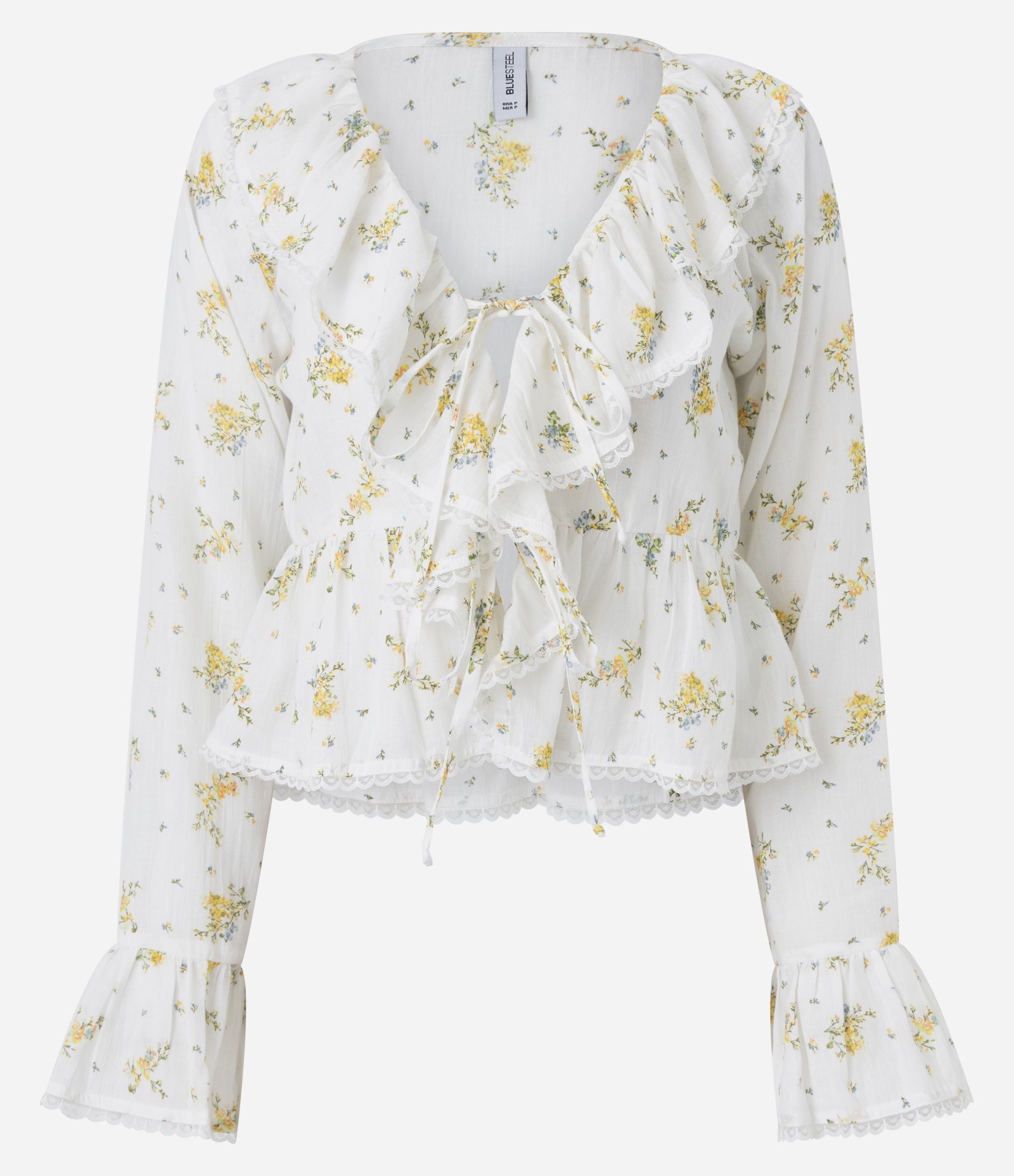 Blusa Floral em Algodão com Renda e Babados no Decote Branco 1