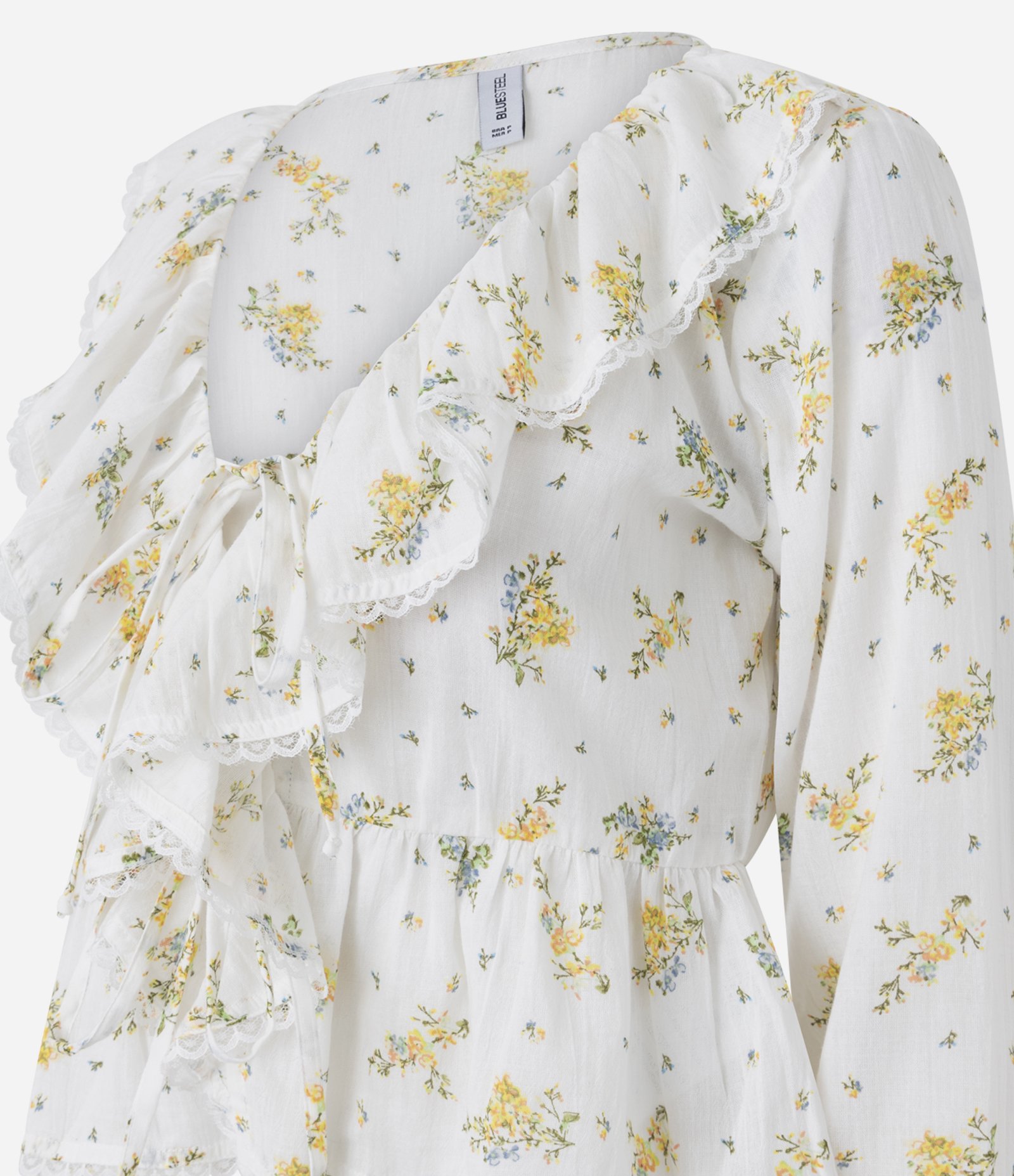 Blusa Floral em Algodão com Renda e Babados no Decote Branco 2