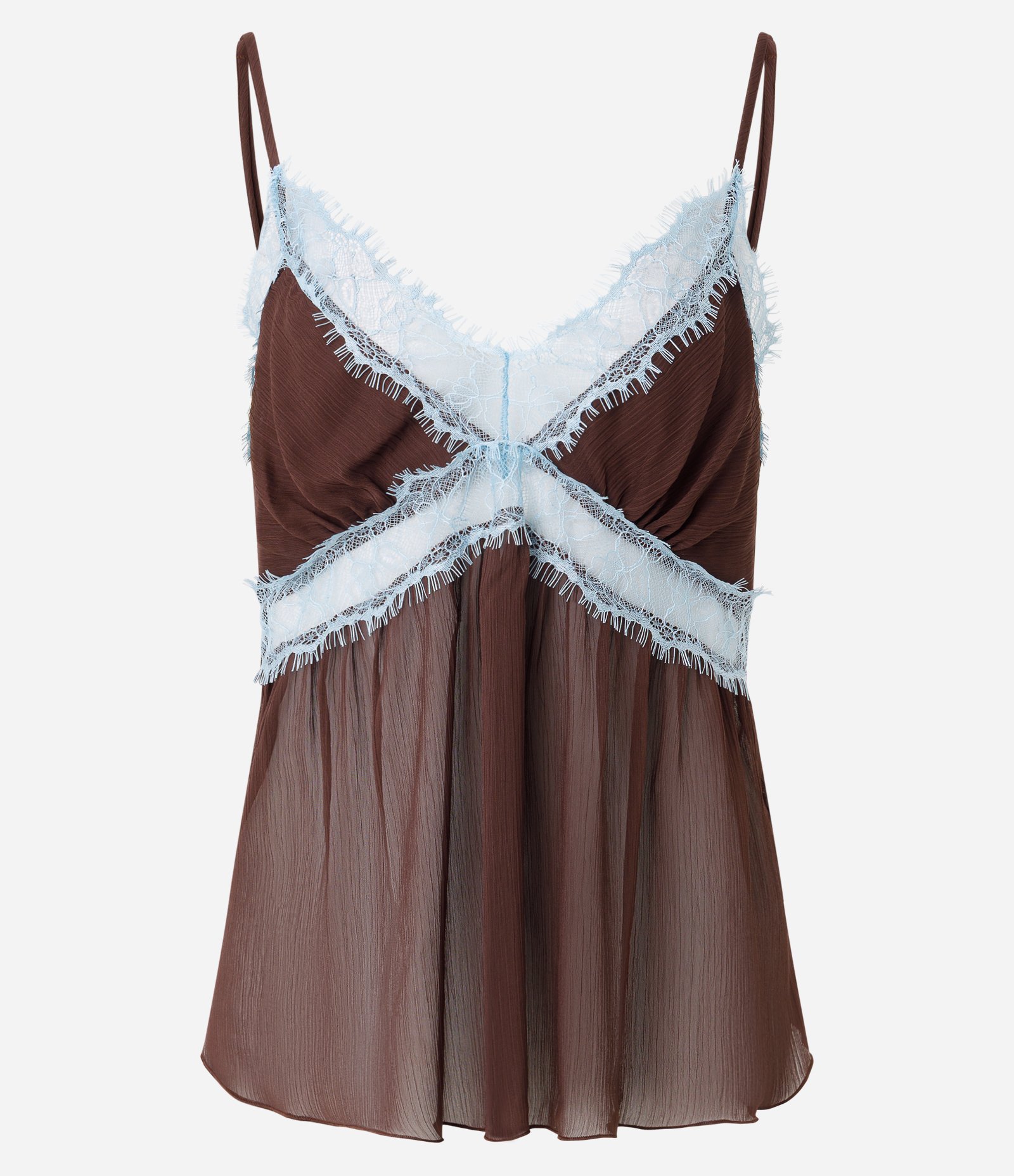 Blusa de Alcinha em Chiffon com Aplicações de Renda Marrom 1