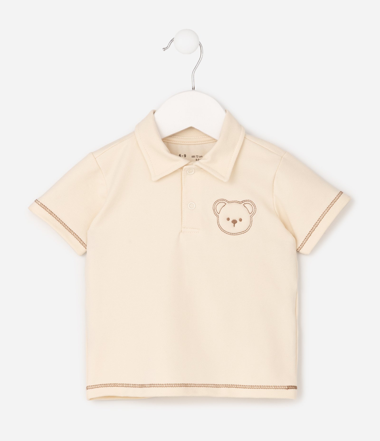Camiseta Polo Infantil Em Algodão Bordado Urso com Acabamento Contrastante - Tam 0 a 18 Meses Bege 1