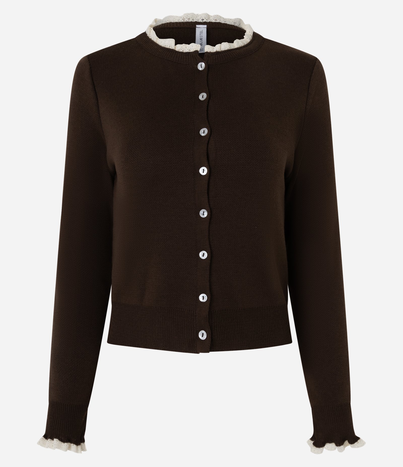 Cardigan em Tricô com Botões e Detalhe em Renda Marrom 5