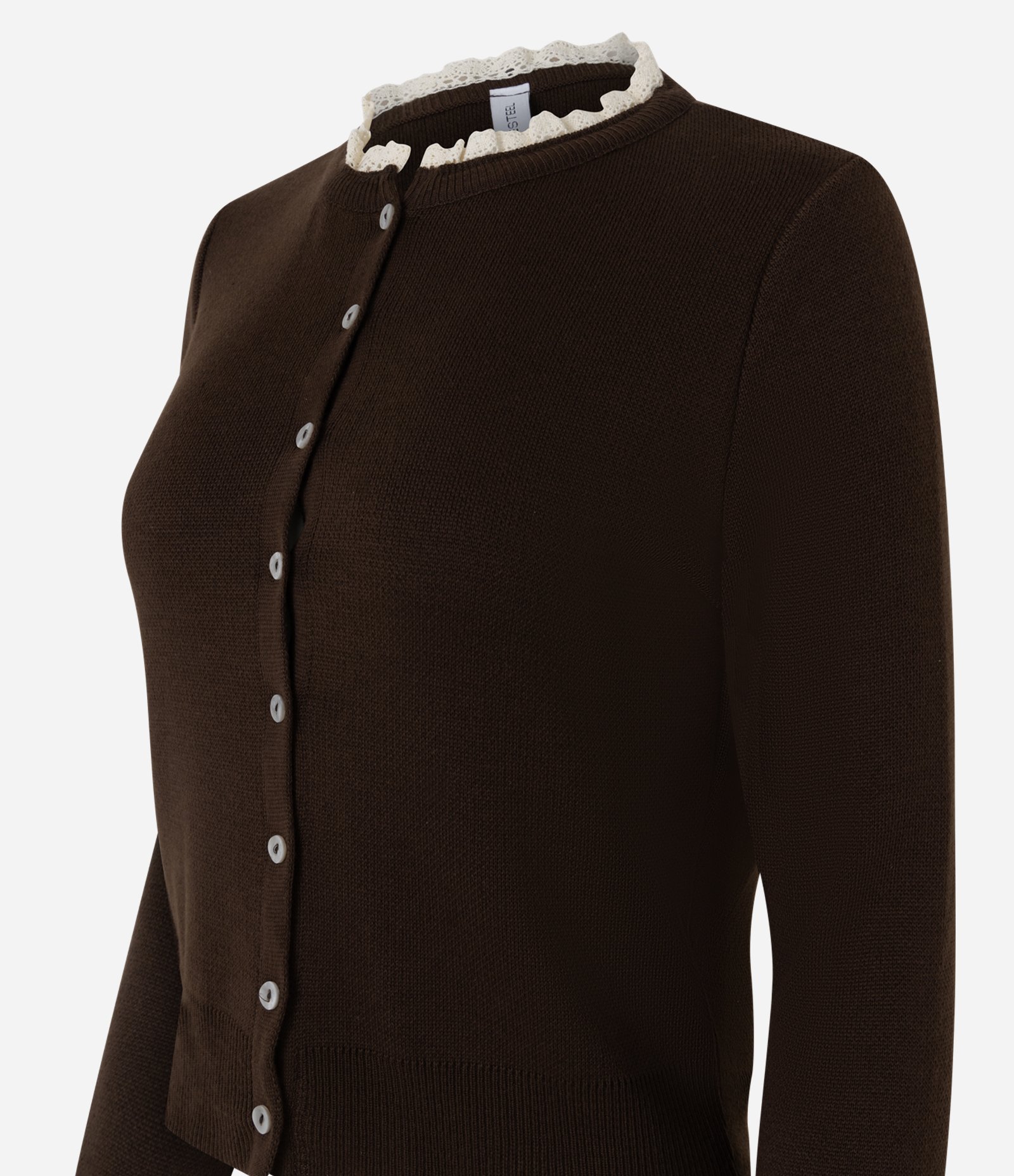 Cardigan em Tricô com Botões e Detalhe em Renda Marrom 6