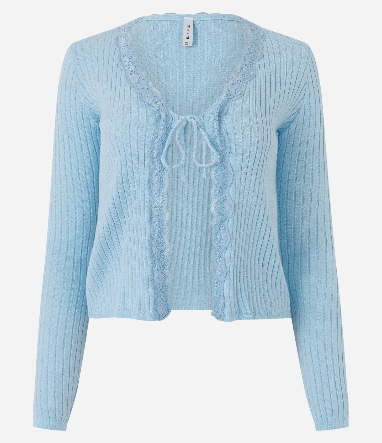 Blusa em Tricô Canelado com Detalhe em Renda e Amarração Azul 1