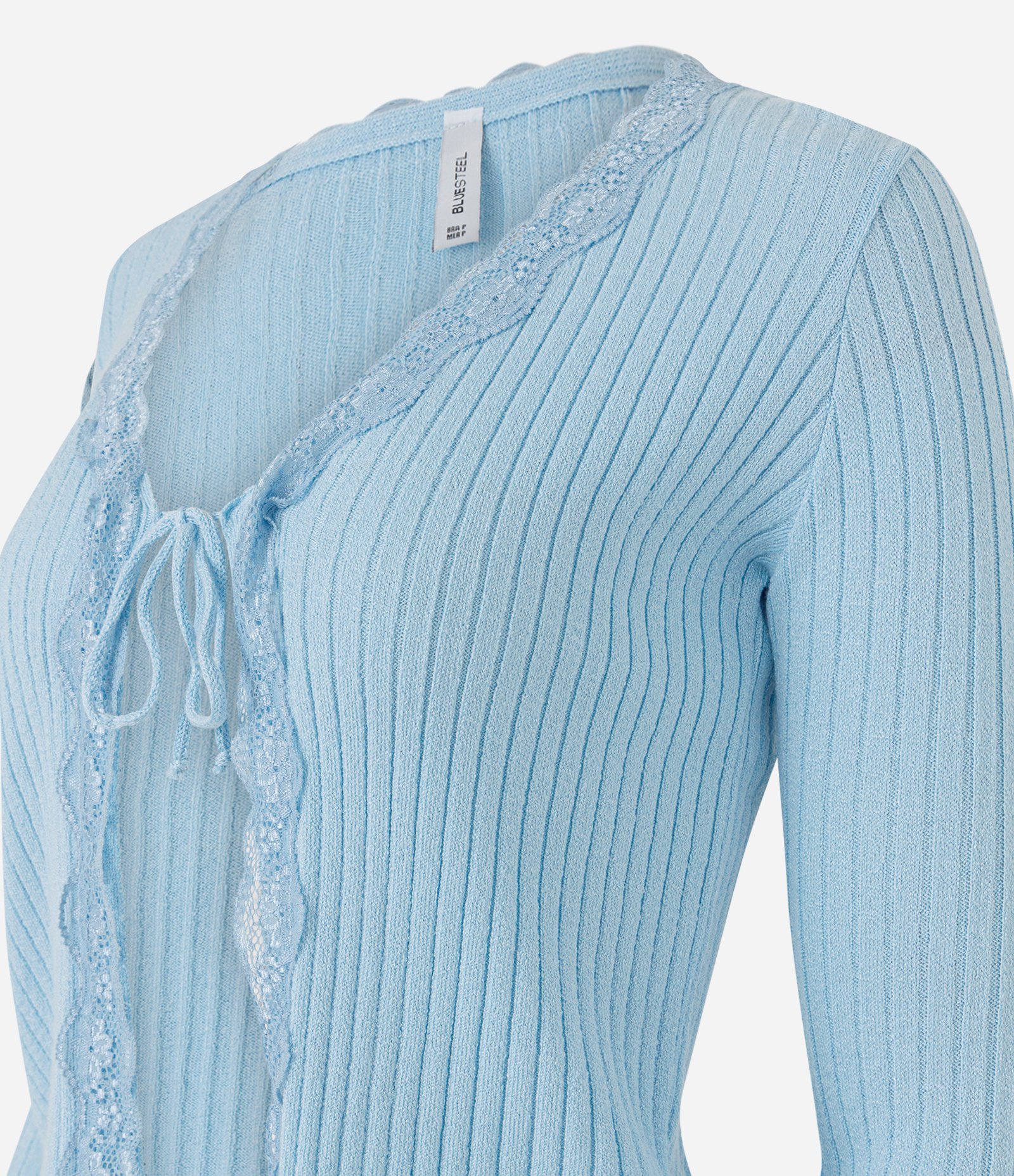 Blusa em Tricô Canelado com Detalhe em Renda e Amarração Azul 2