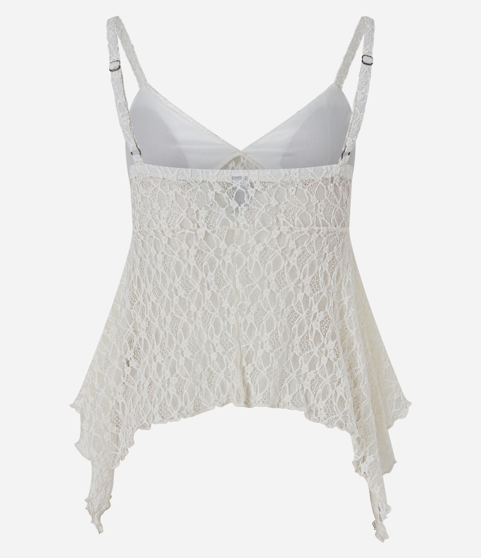 Blusa em Renda com Alças Finas e Barra Assimétrica Branco 7