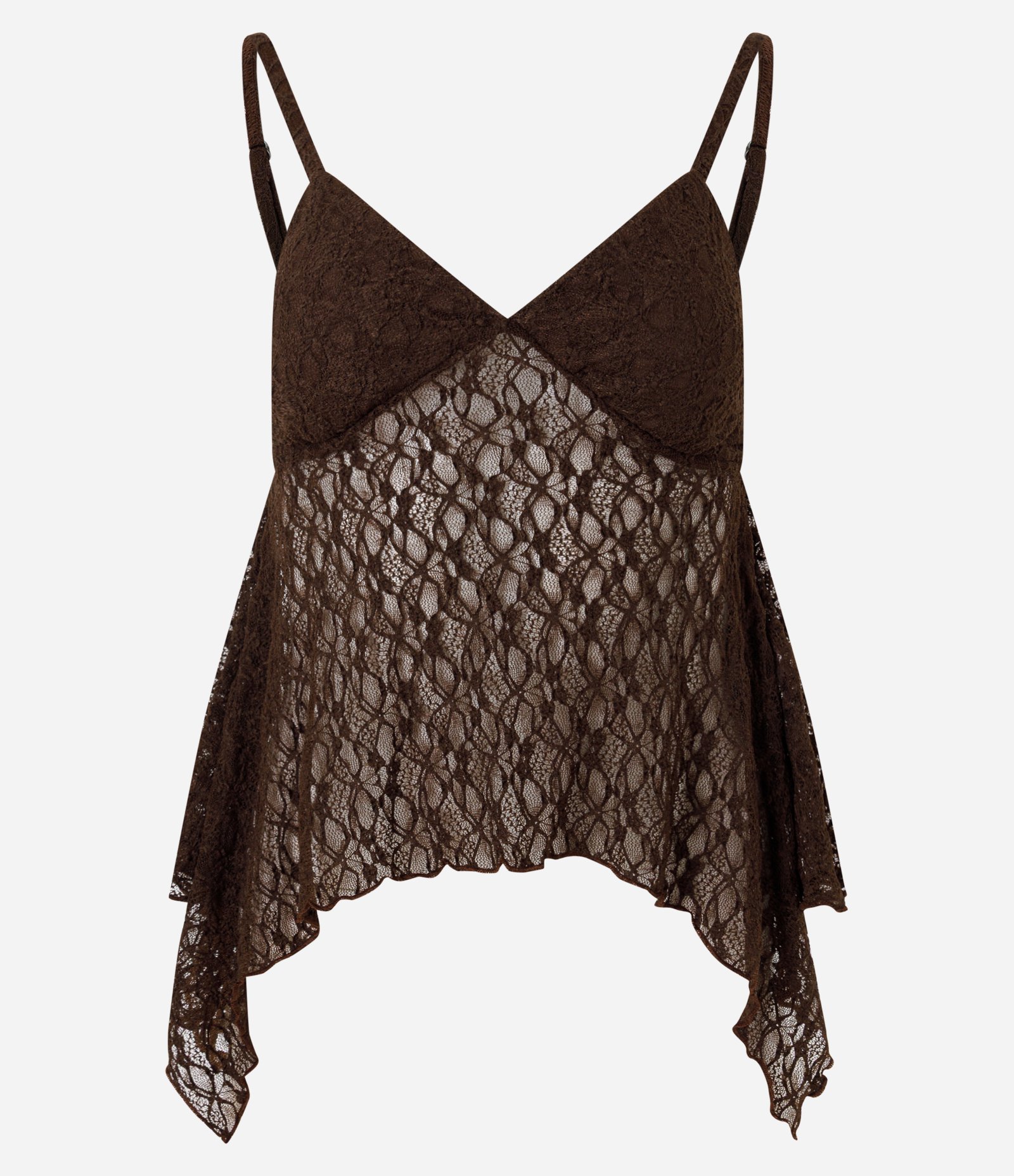 Blusa em Renda com Alças Finas e Barra Assimétrica Marrom 5