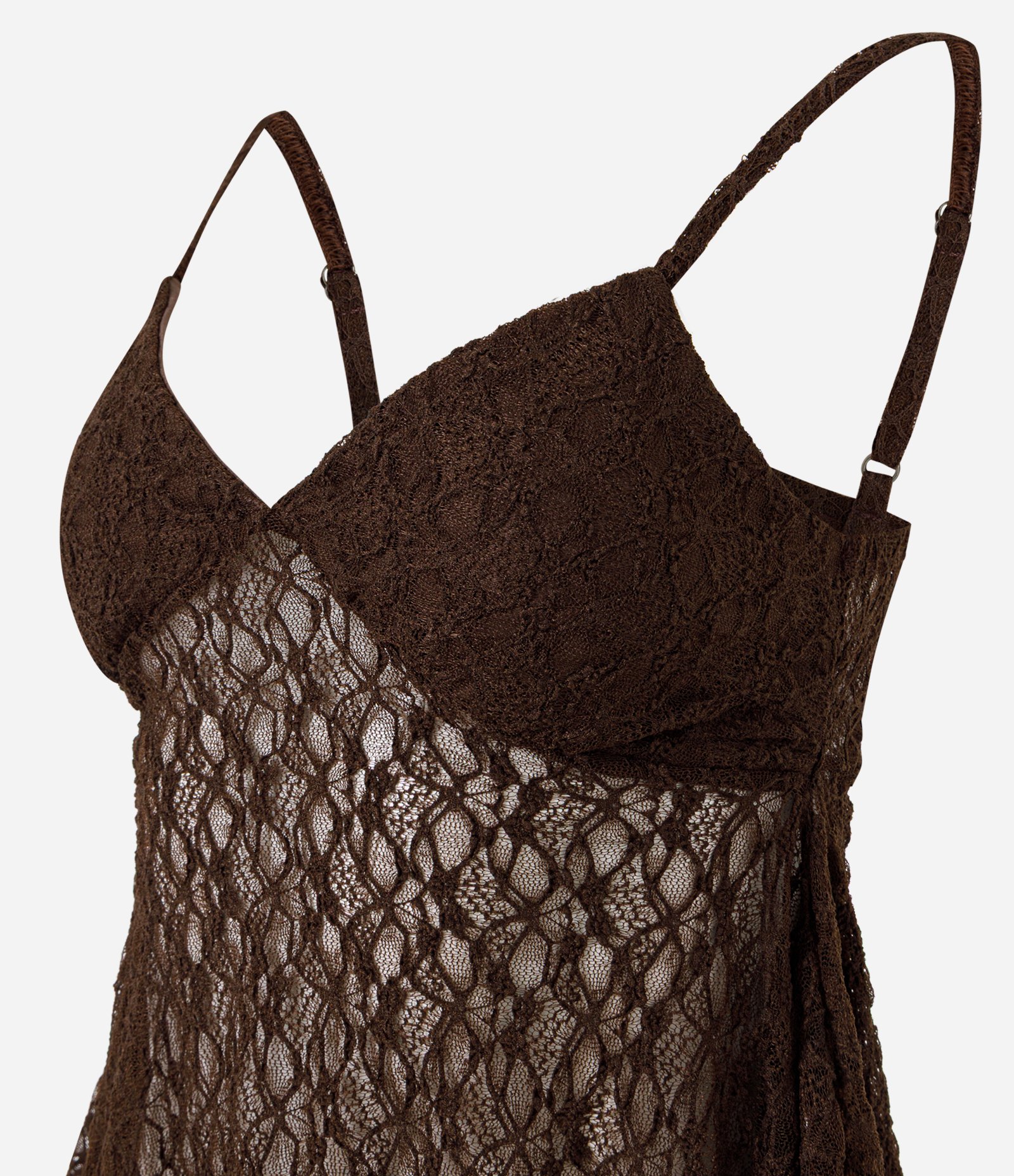 Blusa em Renda com Alças Finas e Barra Assimétrica Marrom 6