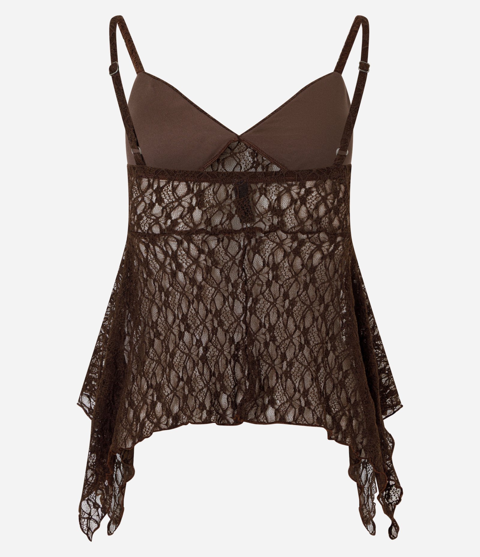 Blusa em Renda com Alças Finas e Barra Assimétrica Marrom 7