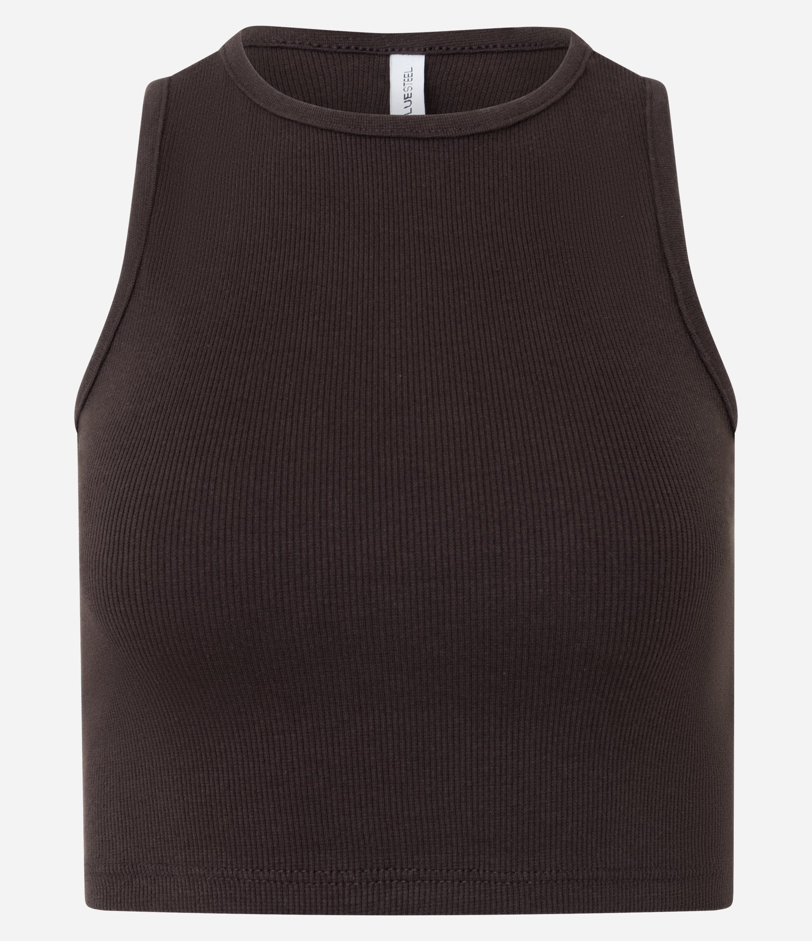 Regata Cropped Canelada Em Algodão com Gola Redonda Café 1