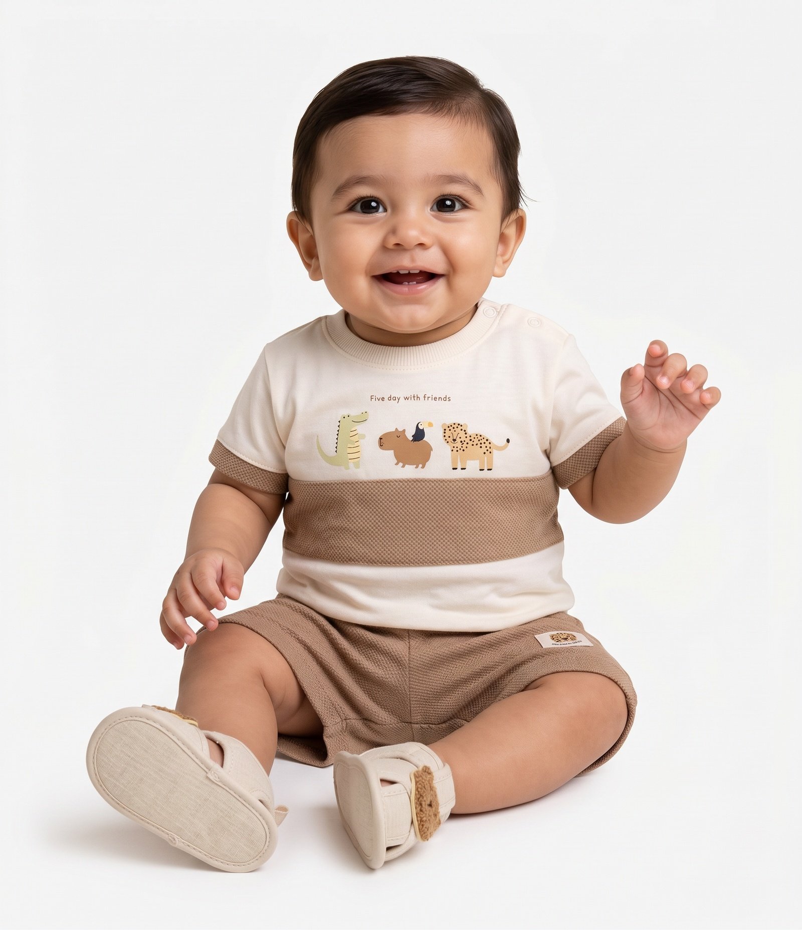 Conjunto Infantil com Estampa Animais e Textura Waffle - Tam 0 a 18 meses Bege 1