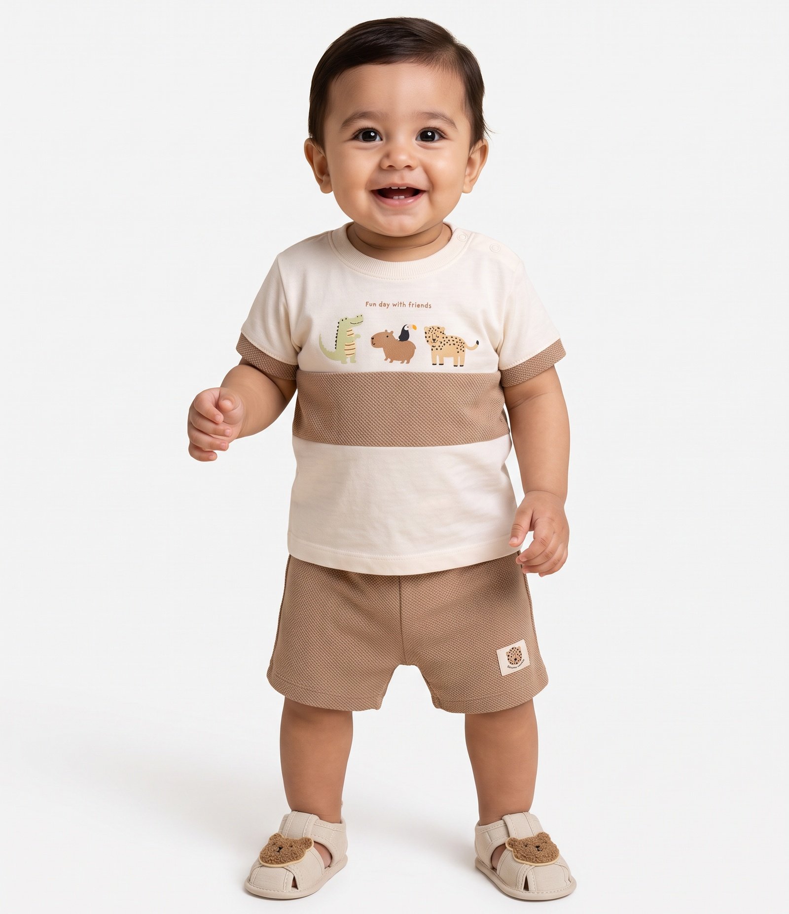 Conjunto Infantil com Estampa Animais e Textura Waffle - Tam 0 a 18 meses Bege 2