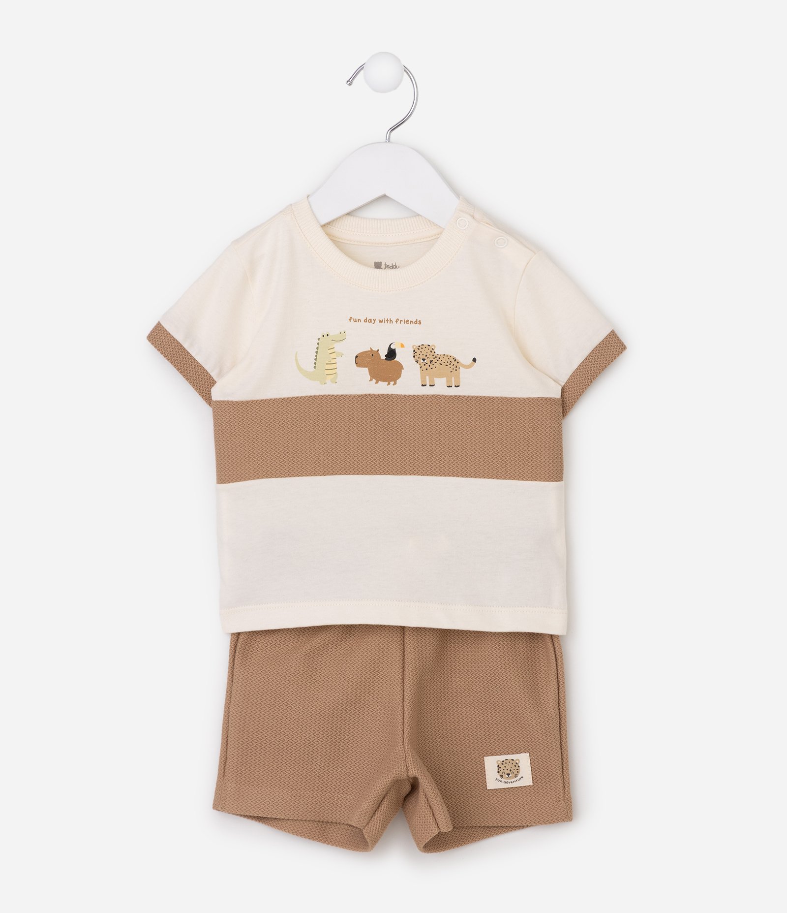 Conjunto Infantil com Estampa Animais e Textura Waffle - Tam 0 a 18 meses Bege 3