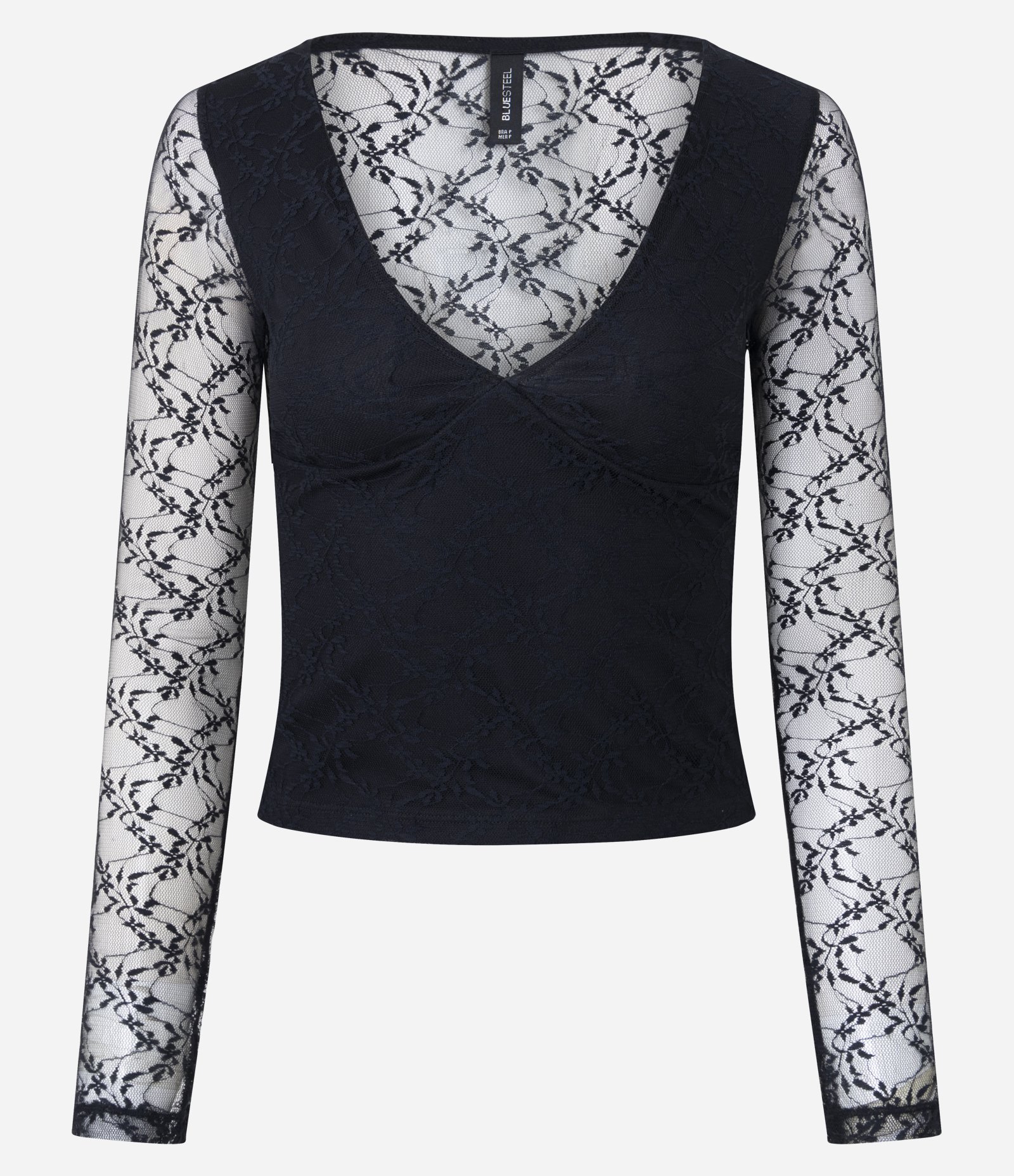 Blusa em Renda com Decote V e Manga Longa Preto 5