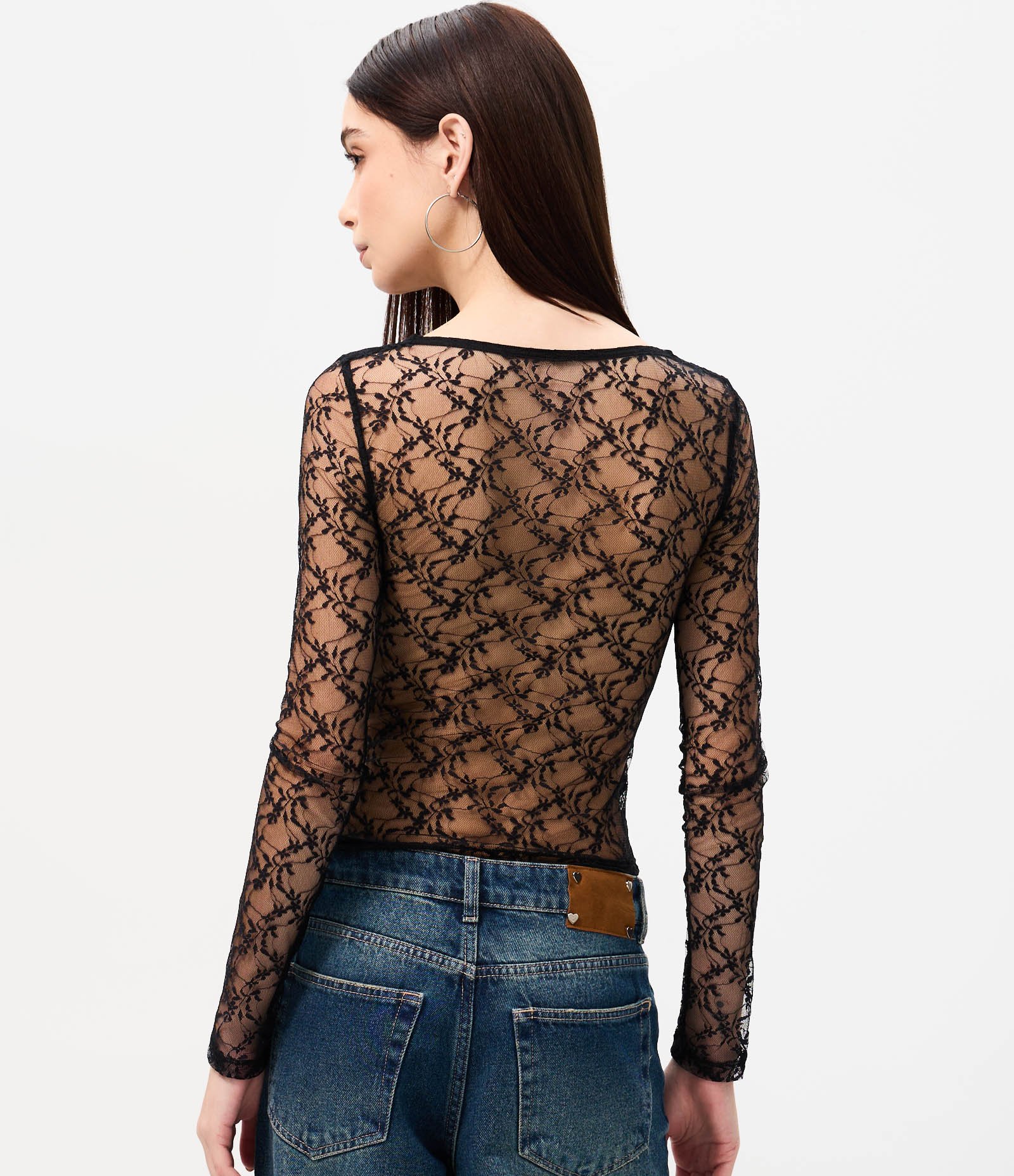 Blusa em Renda com Decote V e Manga Longa Preto 4