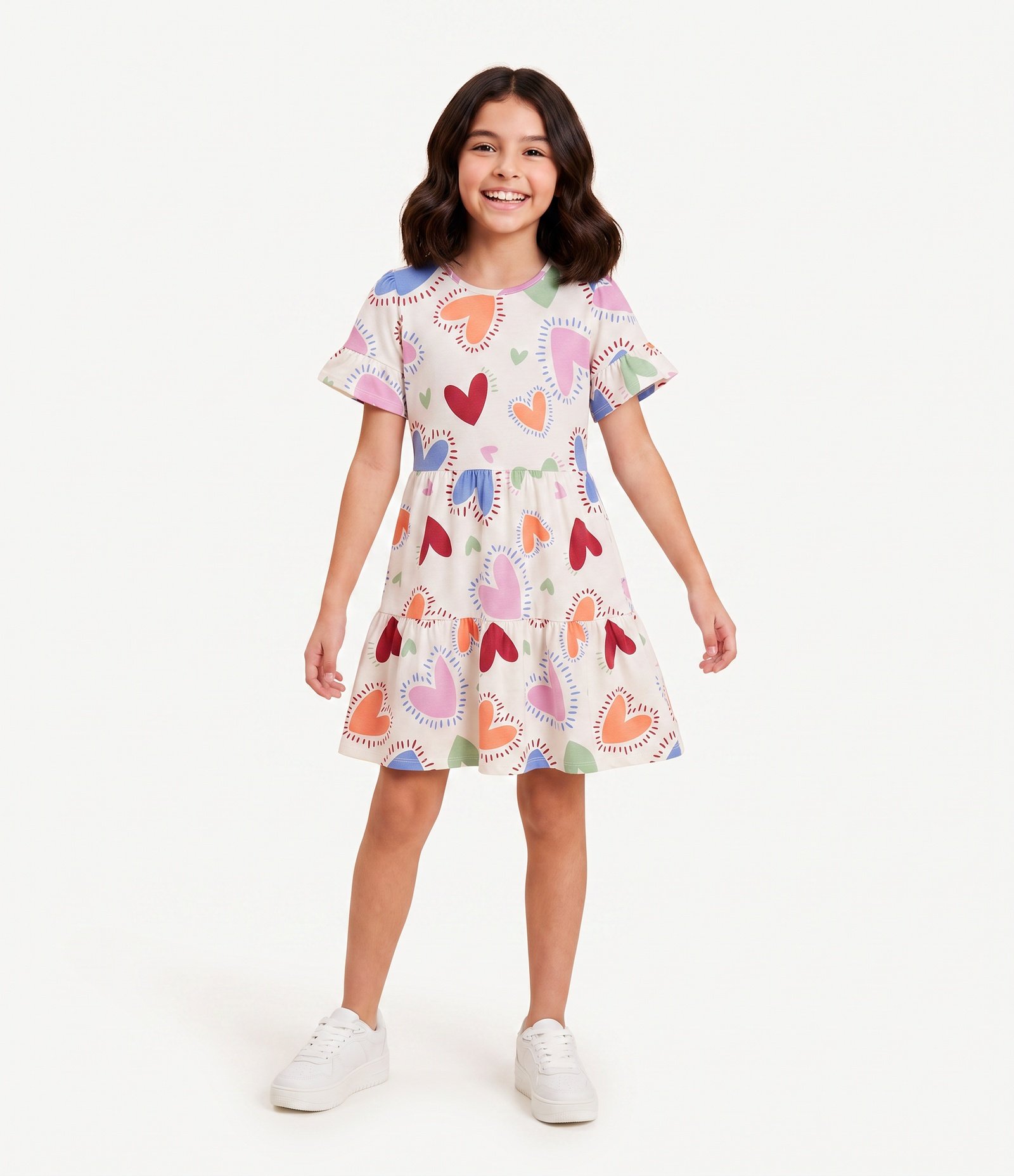 Vestido Infantil Em Algodão Estampa Coração - Tam 5 a 16 Anos Multicores 1