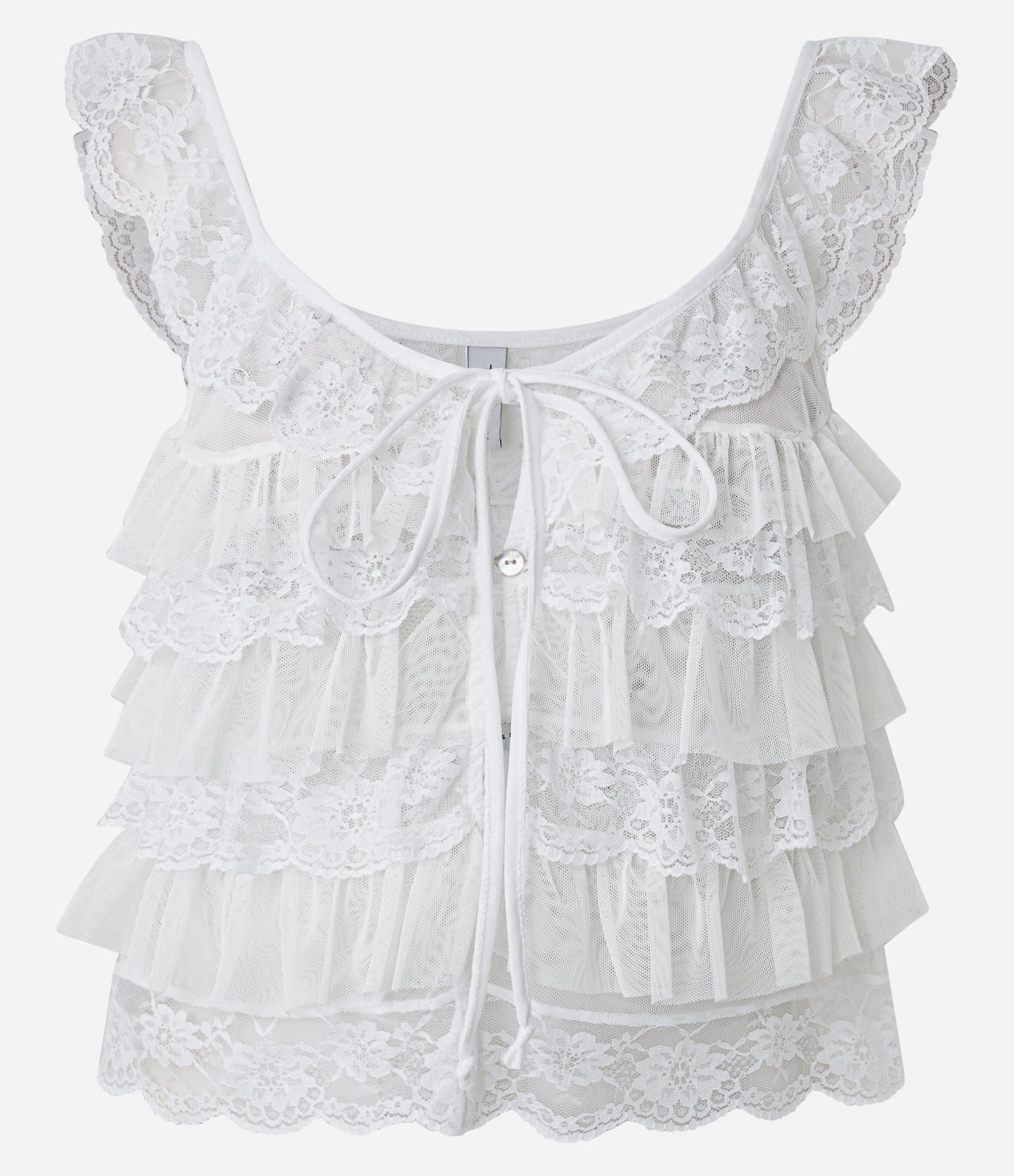 Blusa em Tule com Babados de Renda e Amarração Frontal Branco 5