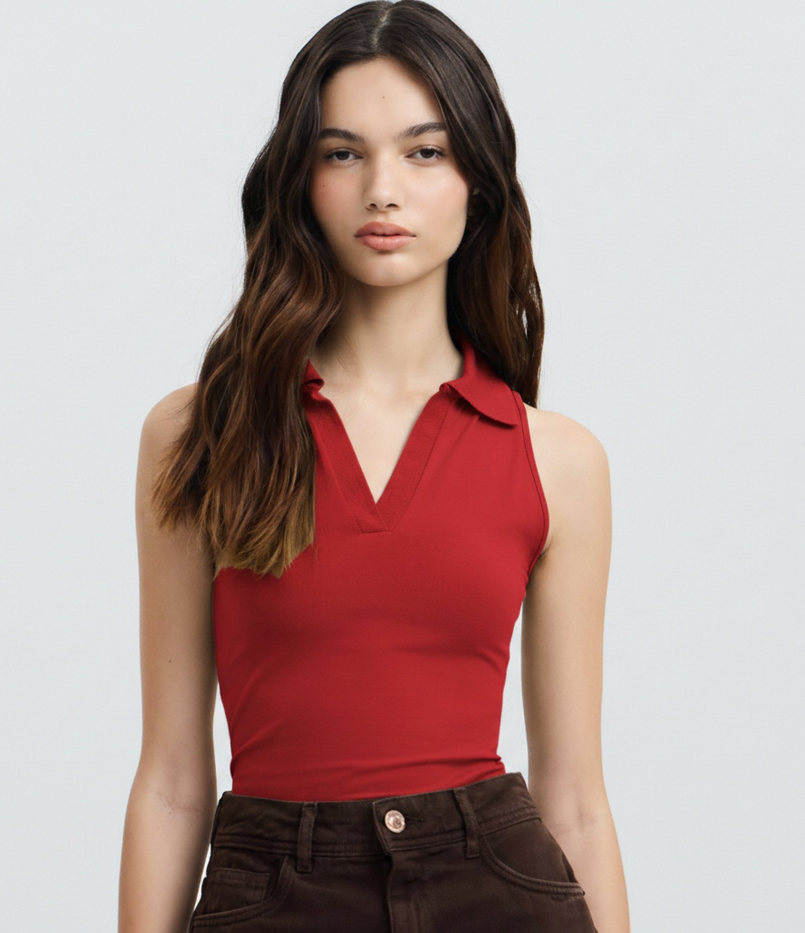 Blusa Polo em Decote V Sem Mangas Vermelho 2