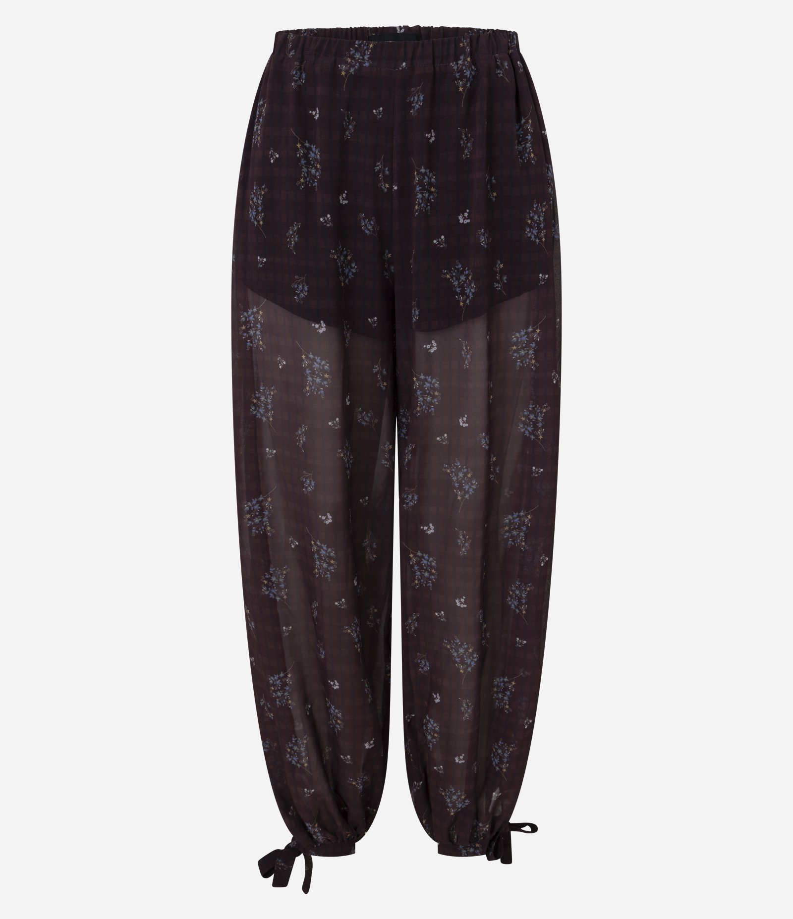 Calça em Chiffon com Amarração na Barra e Renda Floral Aplicada Marrom 5
