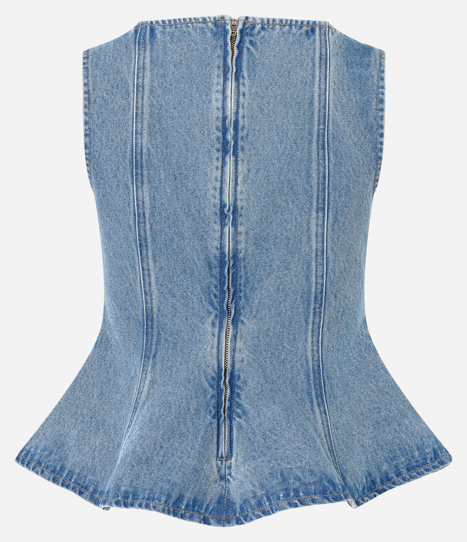 Blusa Jeans Peplum sem Mangas com Recortes Azul Médio 6