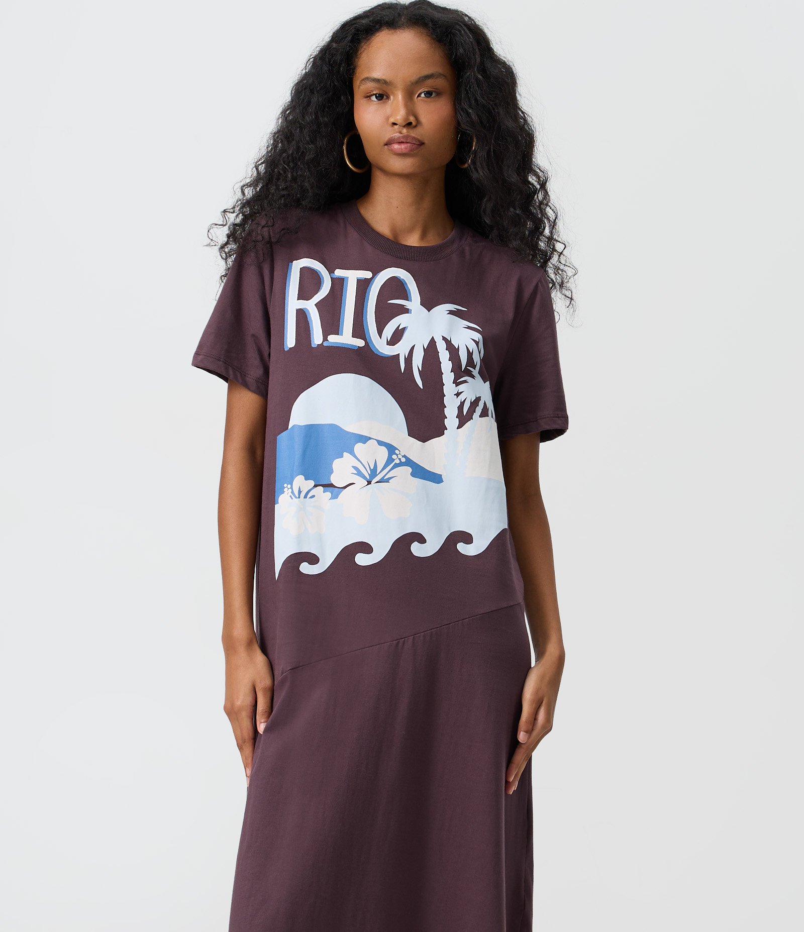 Vestido Longo em Algodão com Modelagem T-Shirt e Estampa Rio de Janeiro Marrom 2