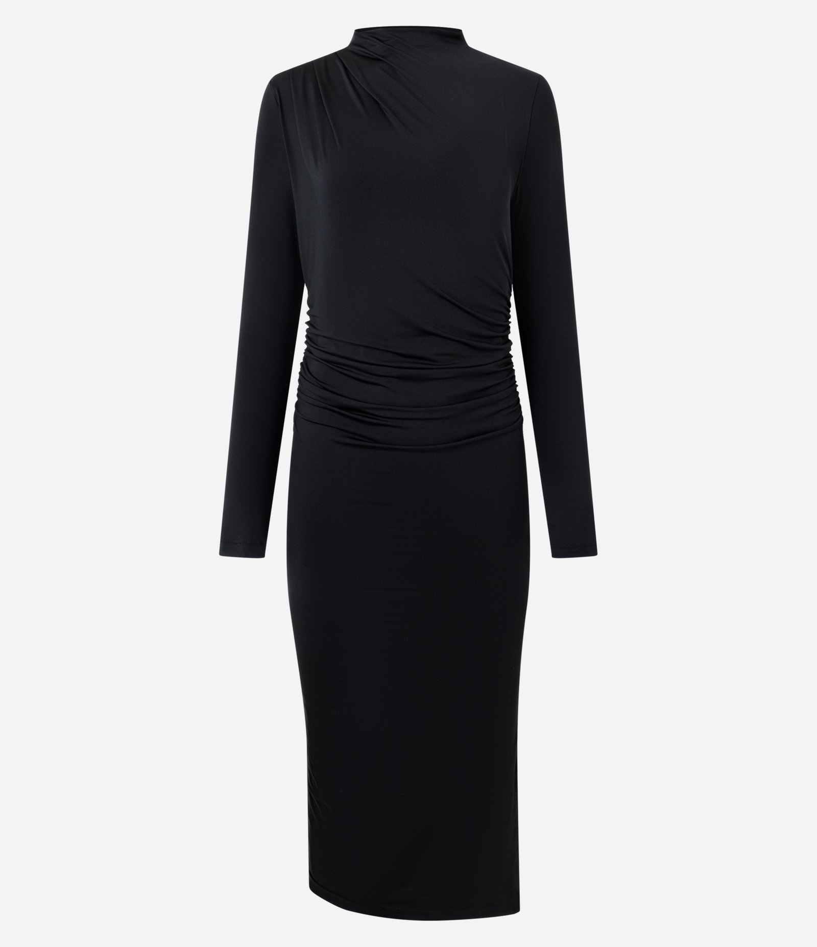 Vestido Midi com Pregas no Ombro e Fenda Lateral Preto 1