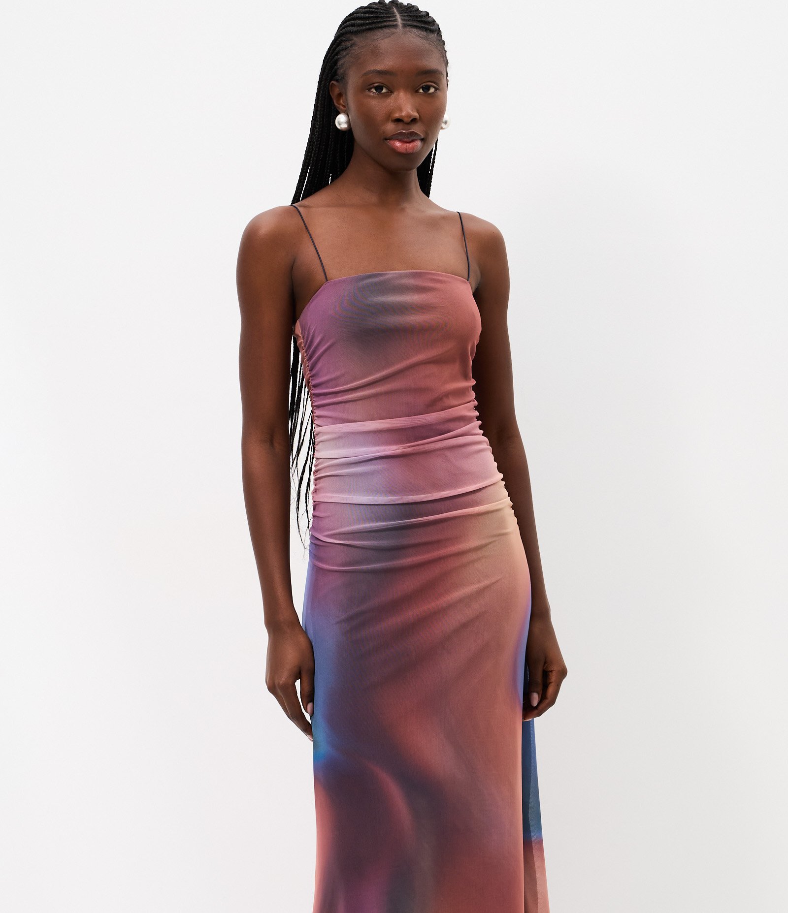 Vestido Midi em Tule com Efeito Manchado e Drapeado Marrom 2