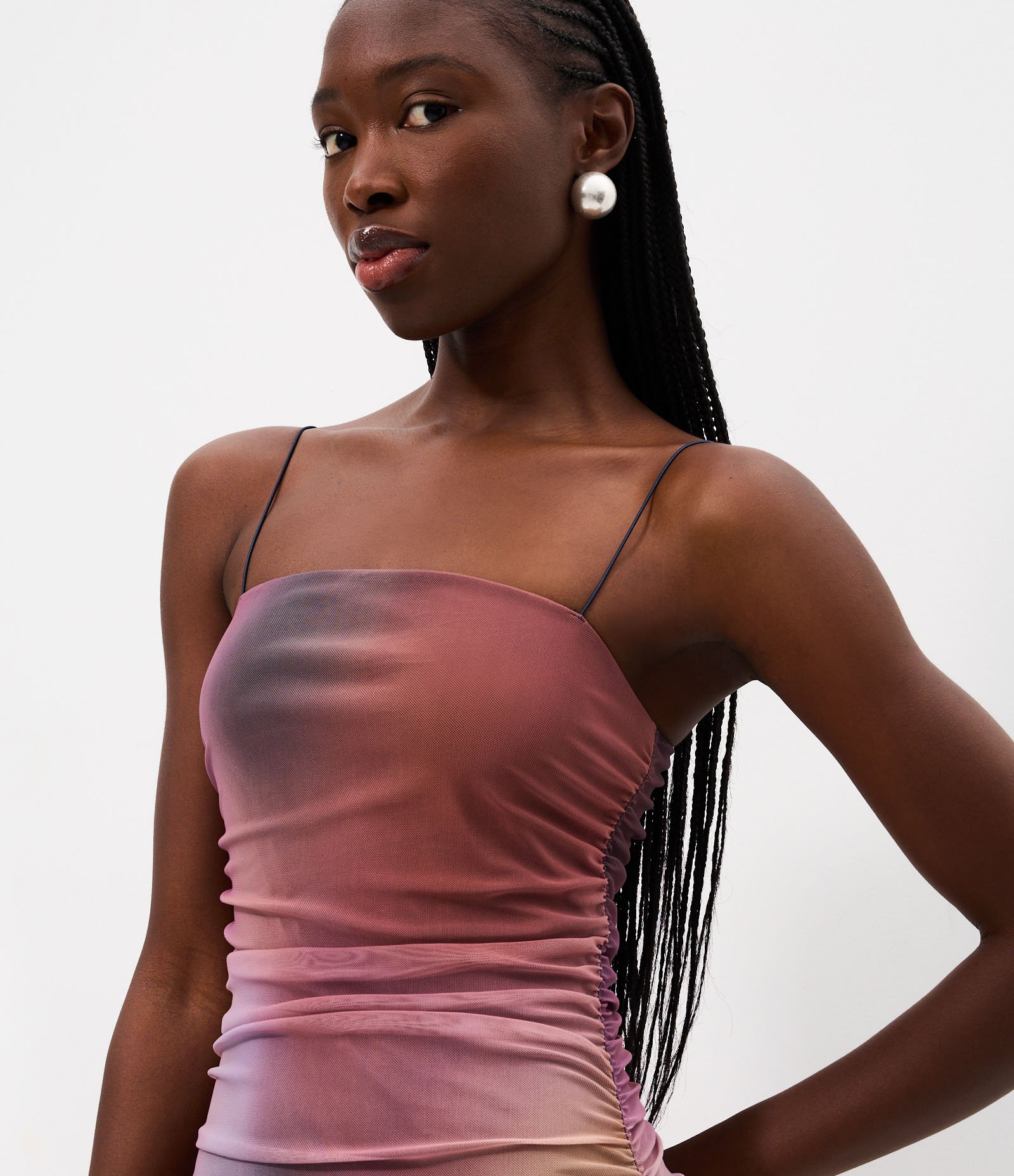 Vestido Midi em Tule com Efeito Manchado e Drapeado Marrom 3
