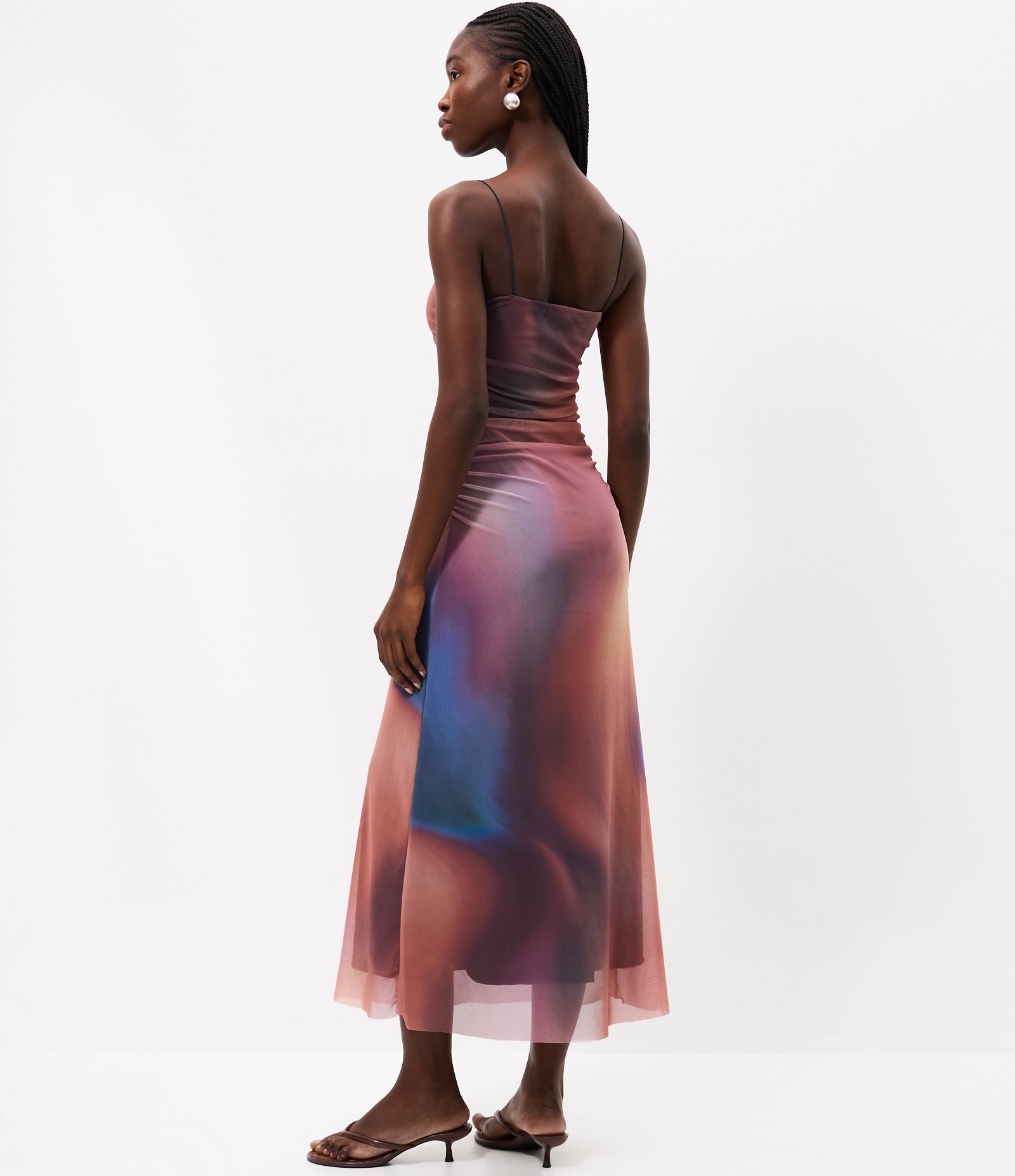 Vestido Midi em Tule com Efeito Manchado e Drapeado Marrom 4