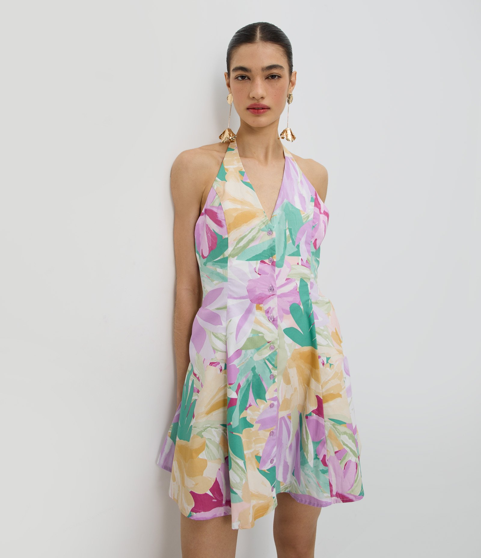 Vestido Frente Única em Tricoline Estampada com Botões Frontais Lilás 1