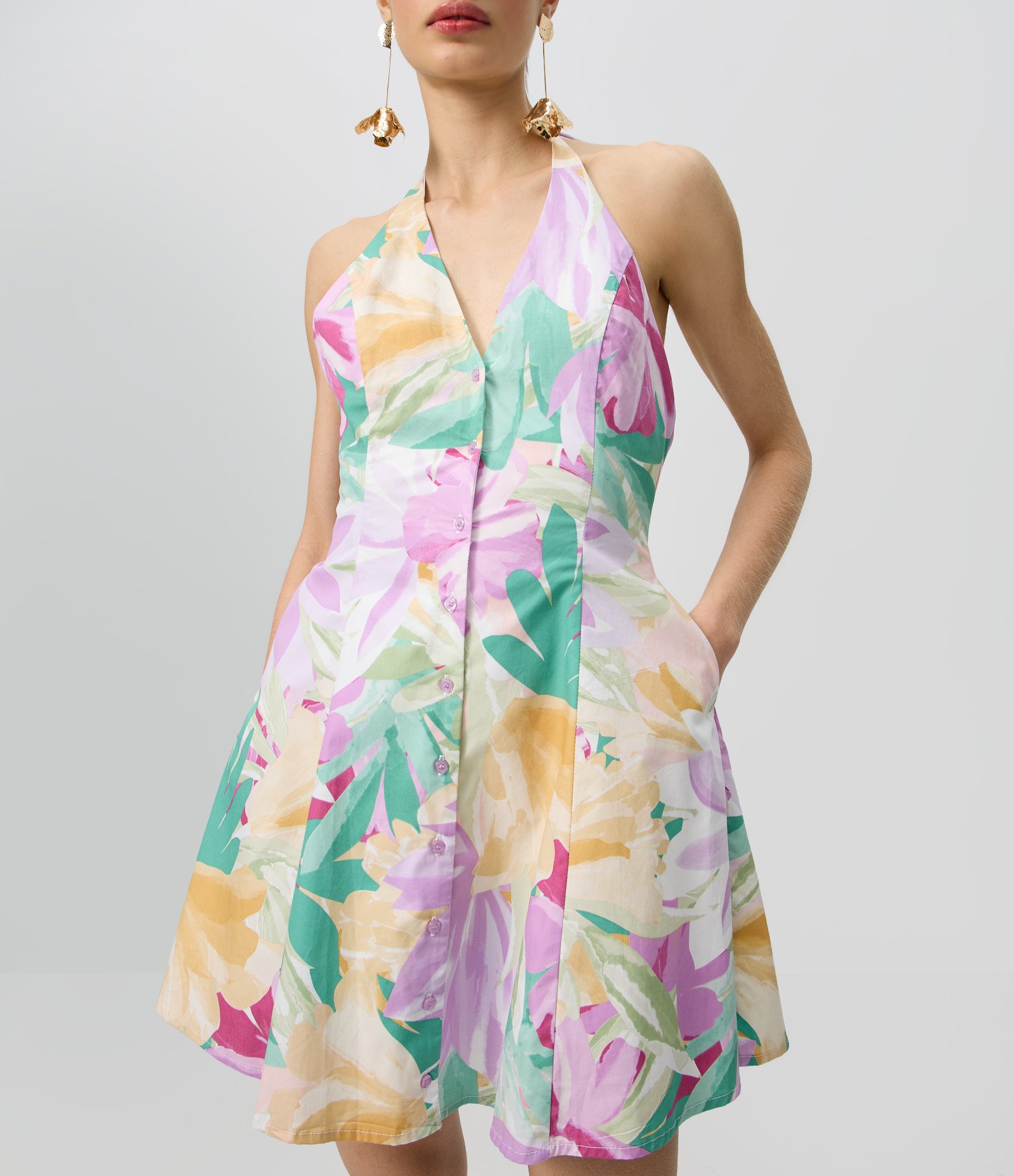 Vestido Frente Única em Tricoline Estampada com Botões Frontais Lilás 3