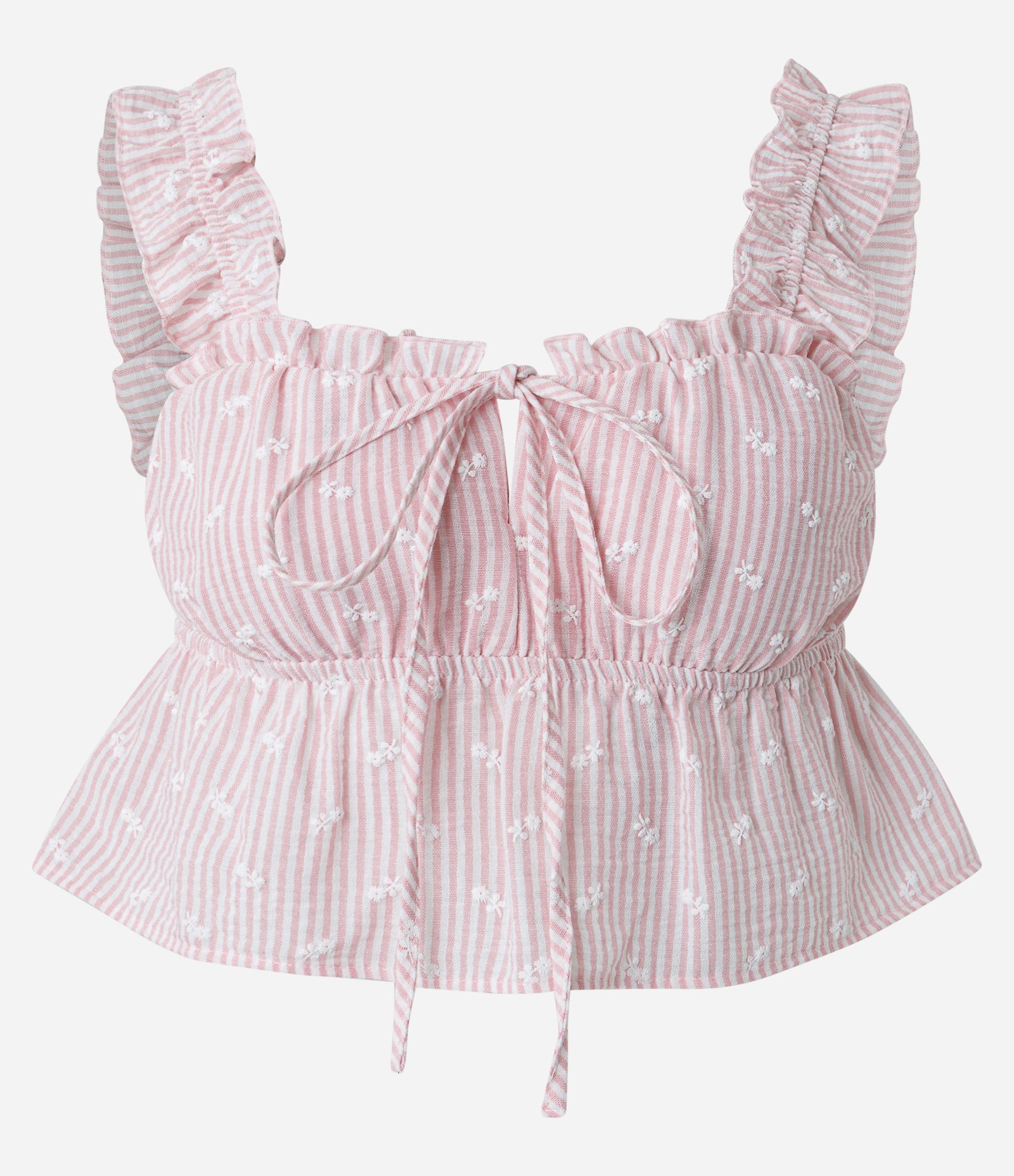 Blusa Cropped Listrada Texturizada com Alças Franzidas e Amarração Frontal Rosa Claro 5