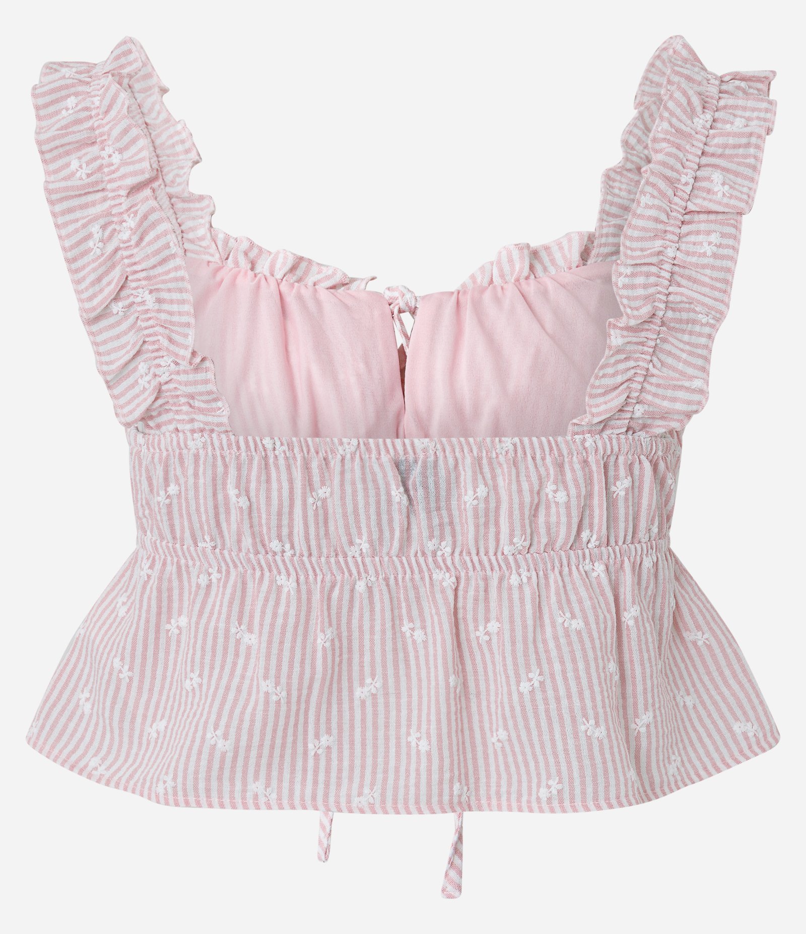 Blusa Cropped Listrada Texturizada com Alças Franzidas e Amarração Frontal Rosa Claro 7