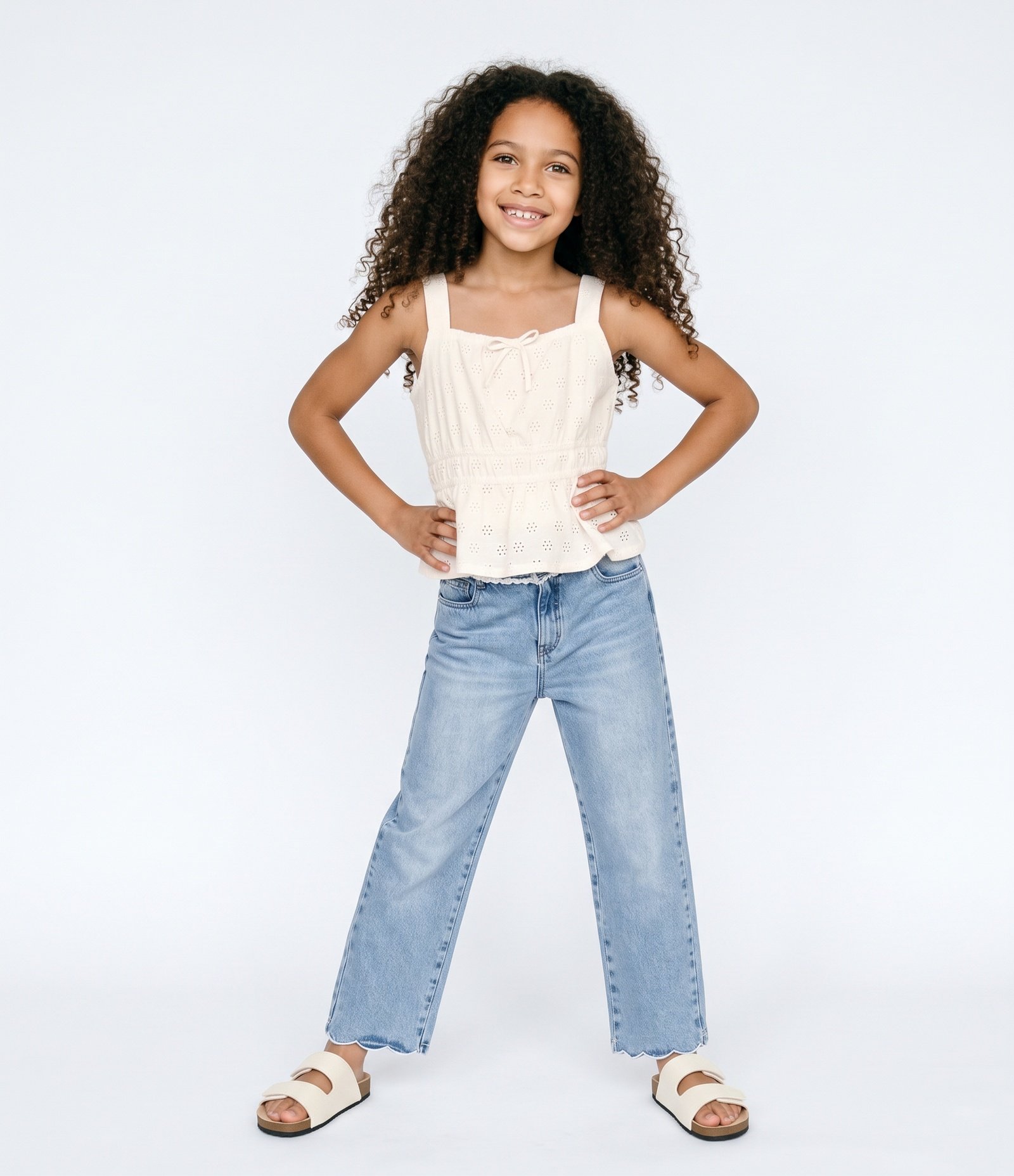 Calça Jeans Infantil com Renda no Cós - Tam 5 a 16 Anos Azul Médio 1