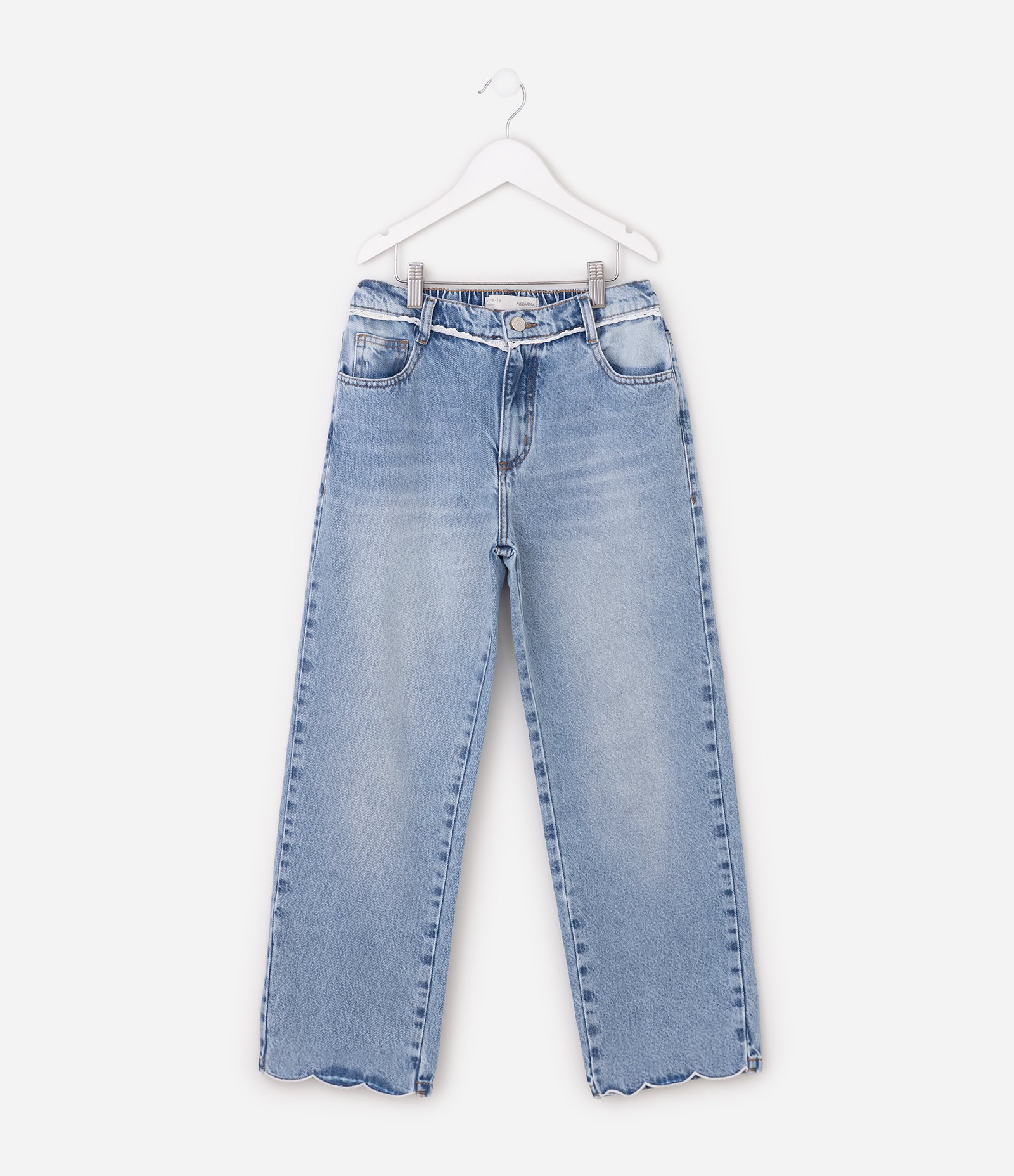 Calça Jeans Infantil Em Algodão Com Renda no Cós - Tam 5 a 16 Anos Azul Médio 1