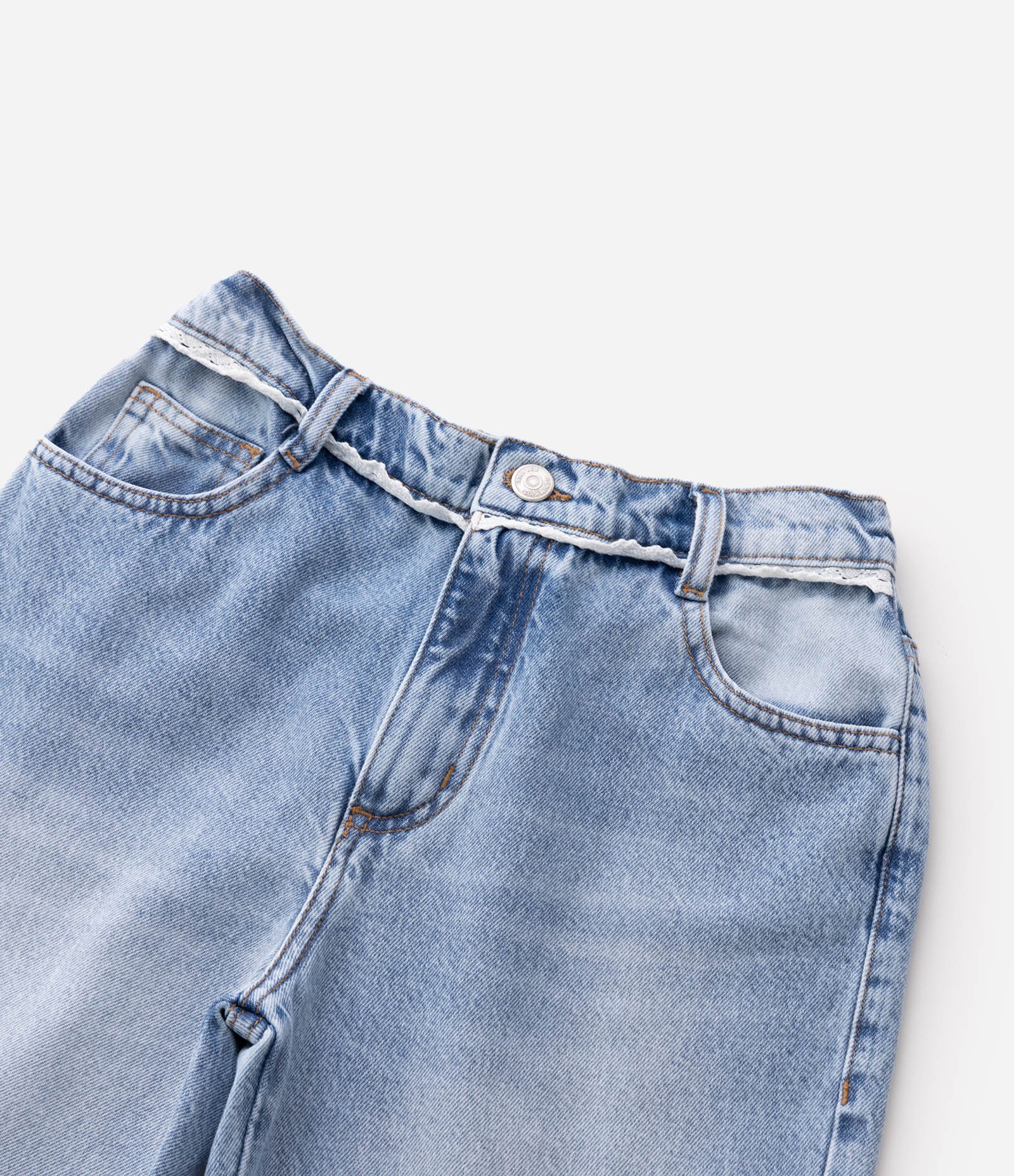 Calça Jeans Infantil Em Algodão Com Renda no Cós - Tam 5 a 16 Anos Azul Médio 4