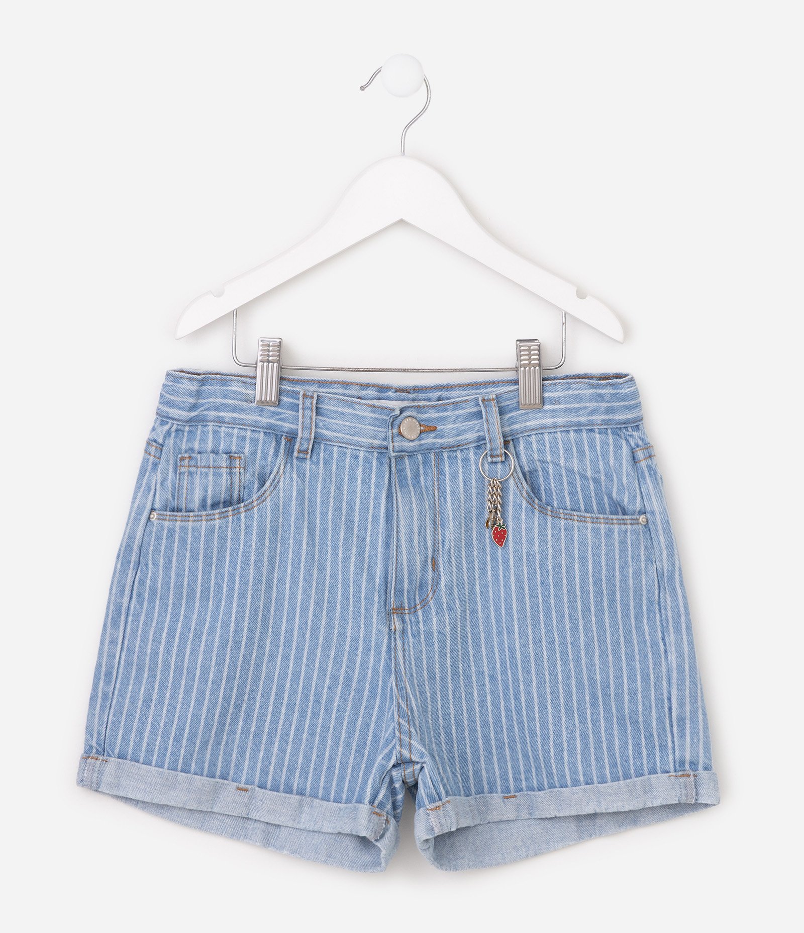 Short Jeans Infantil Em Algodão Listrado com Pingente - Tam 5 a 16 Anos Azul 3