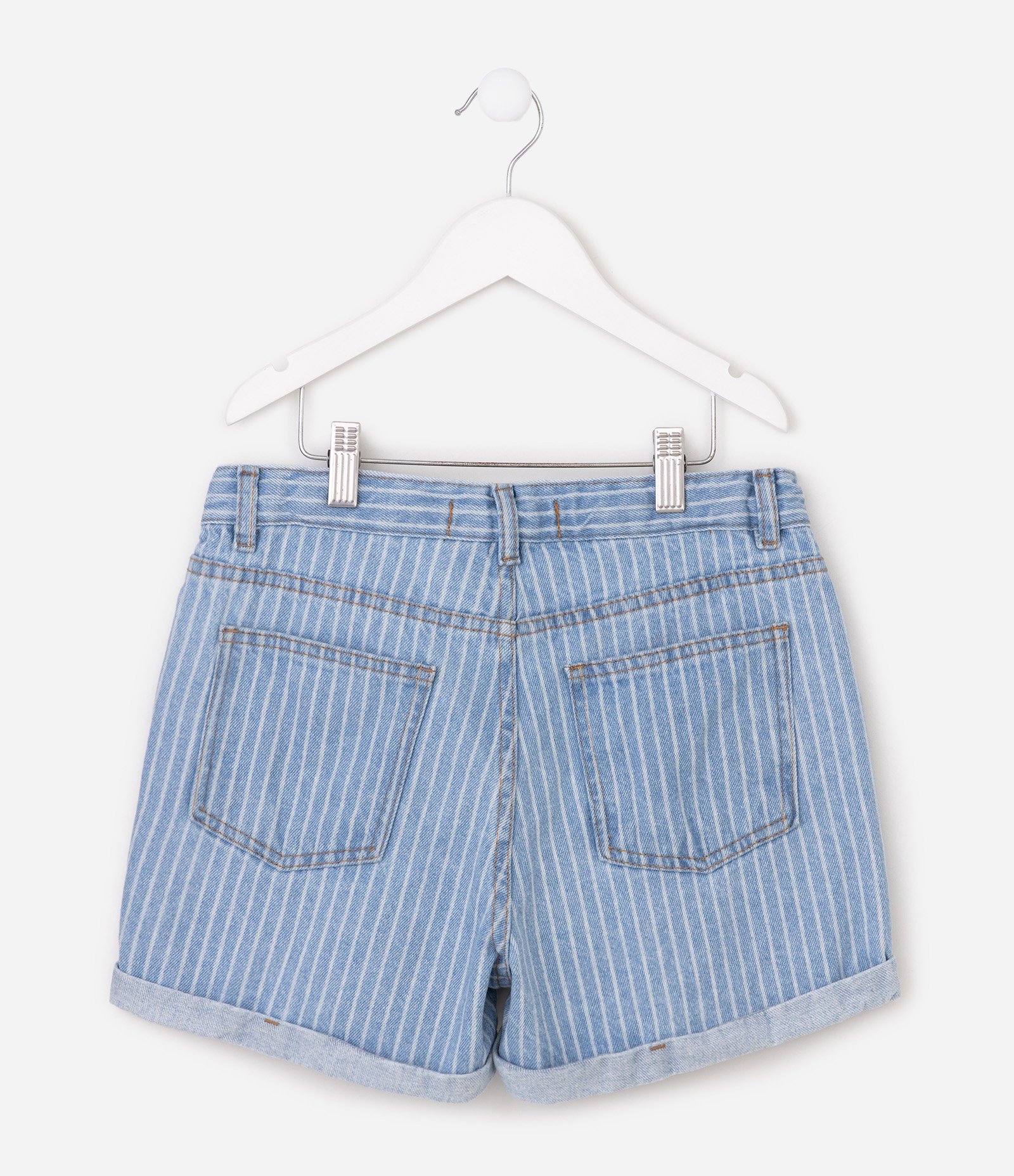 Short Jeans Infantil Em Algodão Listrado com Pingente - Tam 5 a 16 Anos Azul 4