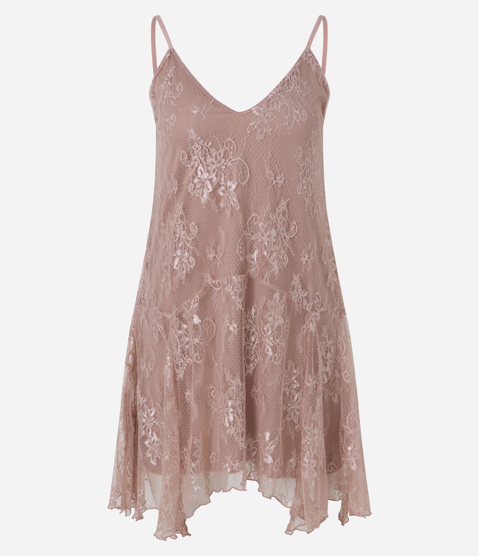 Vestido Curto Assimétrico em Renda com Alças Finas Bege Rosado 1