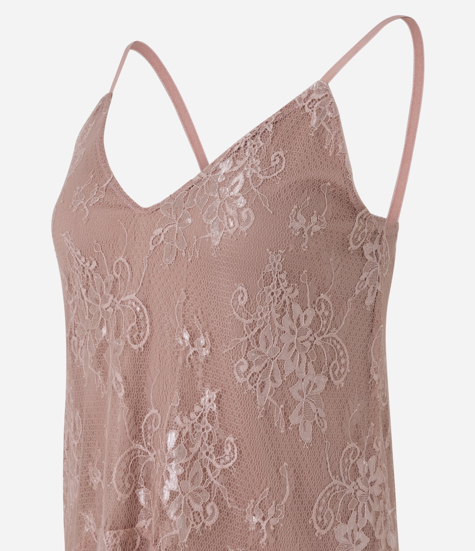 Vestido Curto Assimétrico em Renda com Alças Finas Bege Rosado 2