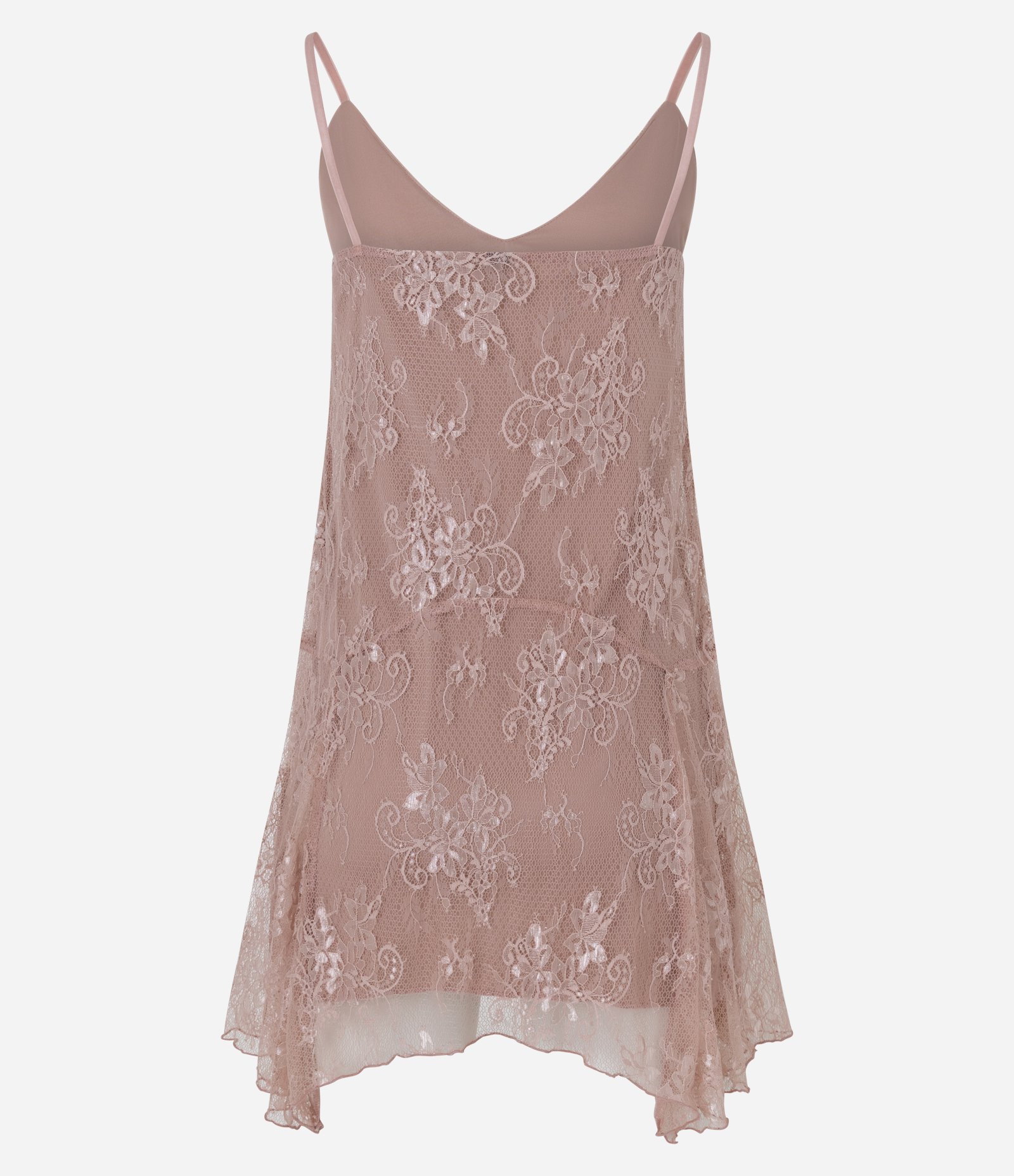 Vestido Curto Assimétrico em Renda com Alças Finas Bege Rosado 3
