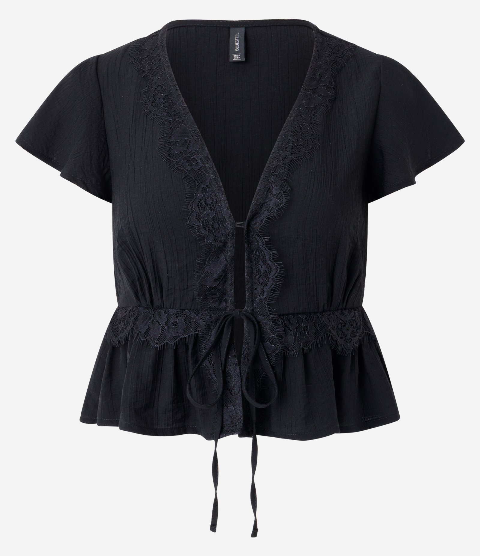 Blusa em Viscose Texturizada com Detalhe Rendado e Amarração Frontal Preto 1