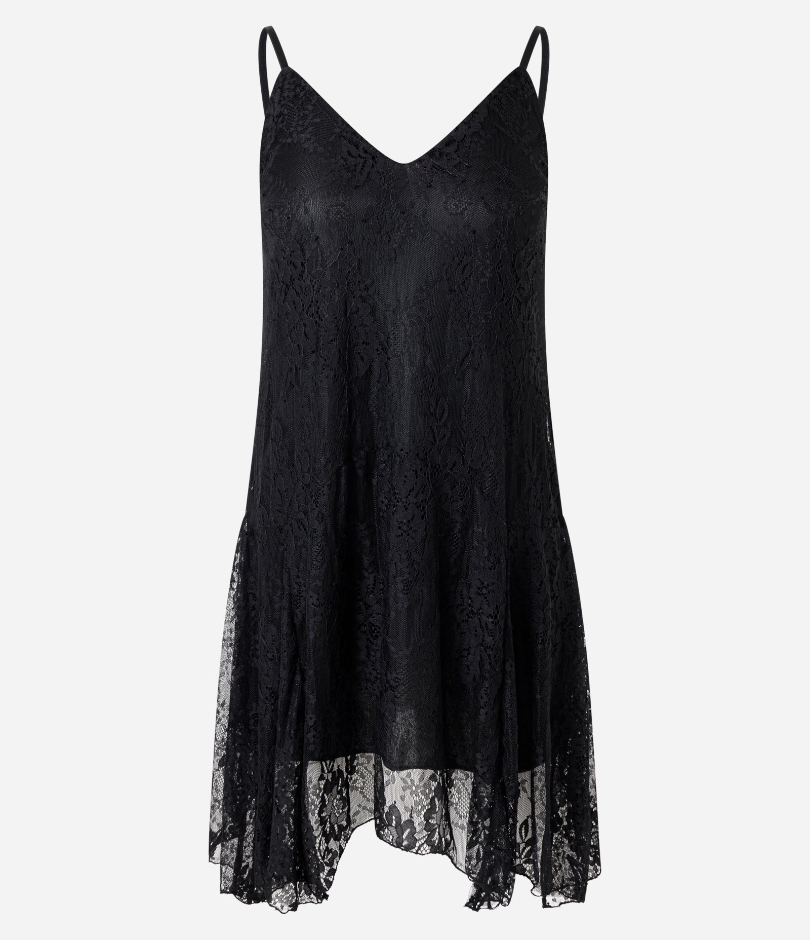 Vestido Curto Assimétrico em Renda com Barra com Transparência Preto 1