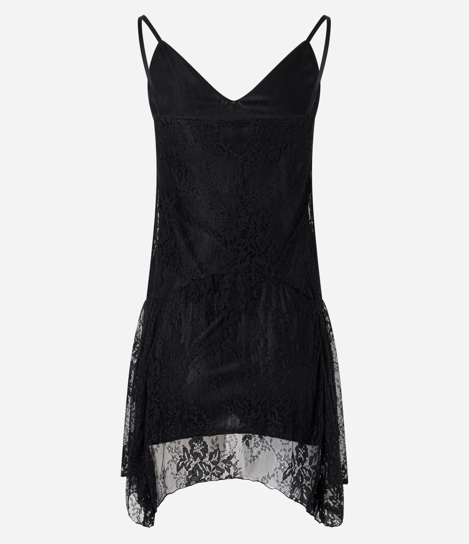 Vestido Curto Assimétrico em Renda com Barra com Transparência Preto 2