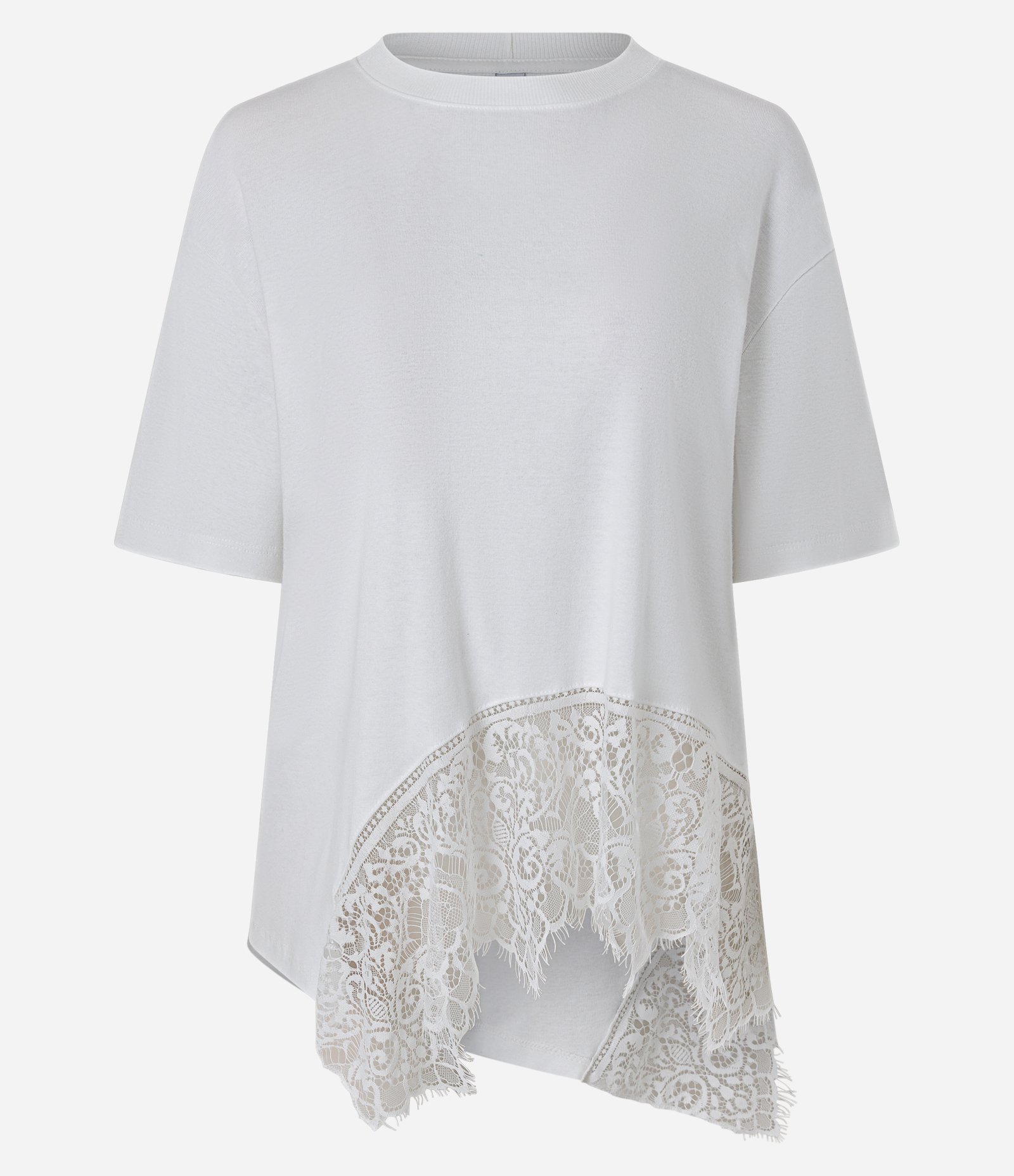 Camiseta em Algodão com Aplicação de Renda e Barra Assimétrica Branco 5