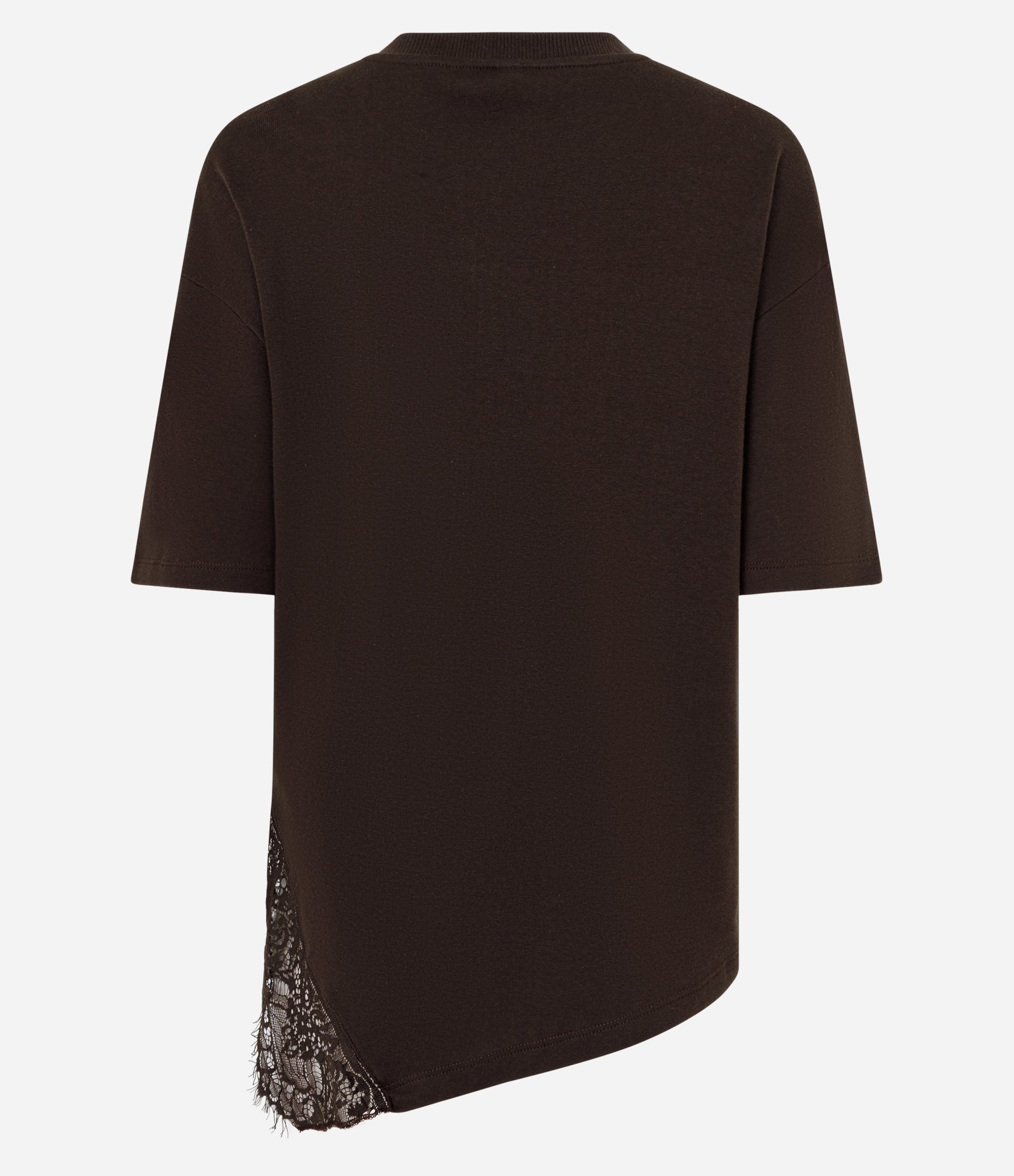 Camiseta em Algodão com Aplicação de Renda e Barra Assimétrica Marrom 6