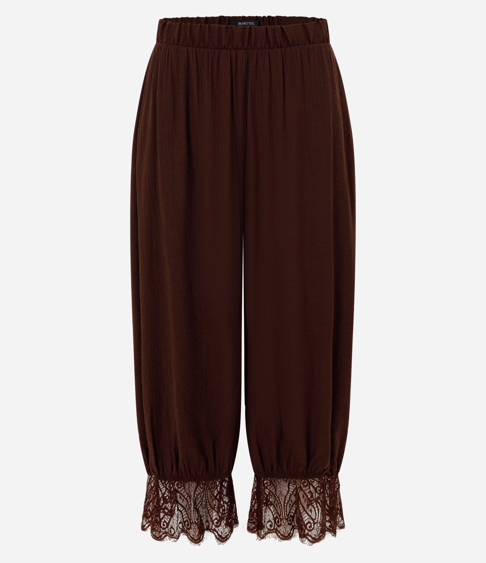 Calça Bloomer em Viscose Crinkle com Barra Rendada Marrom 5